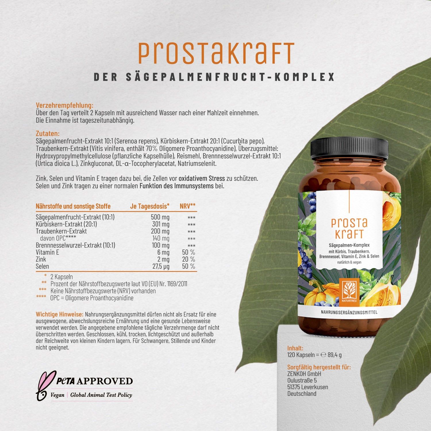 Braune Flasche mit PROSTAKRAFT. Text: Der Sägepalmen-Komplex. PETA-Logo. Text: 120 Kapseln. Vegan. Hintergrund: grünes Blatt.