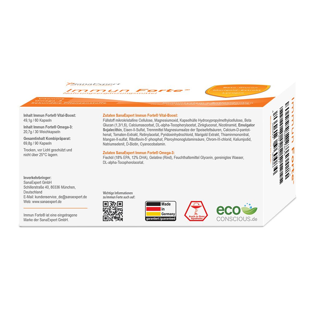 Rückseite der SanaExpert Immun Forte Verpackung. Text mit Inhaltsstoffen, Herstellerinformationen und Qualitätssiegeln.