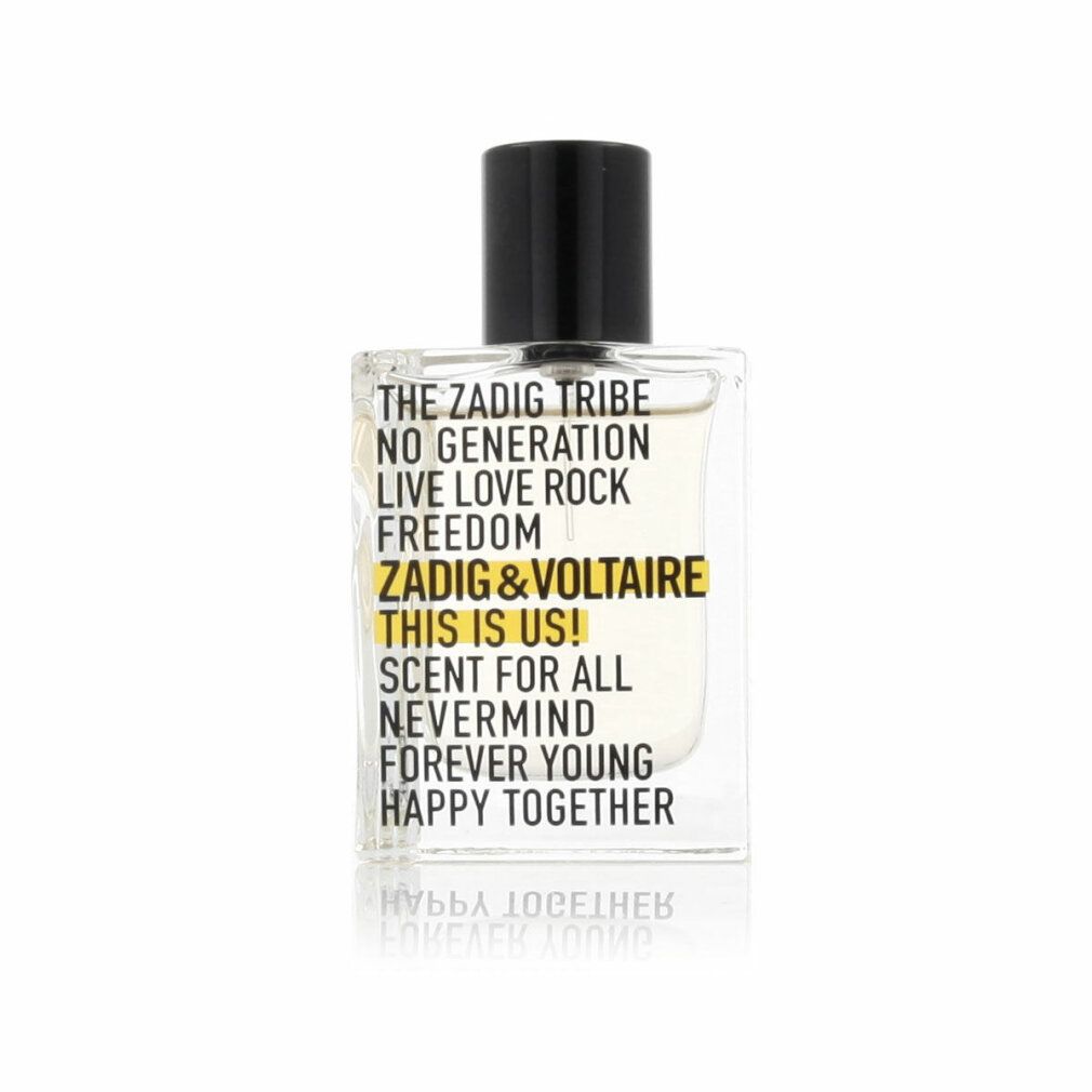 Zadig & Voltaire This is Us! EdT Flakon. Klarer Flakon mit schwarzem Verschluss. Gelbe Schrift.
