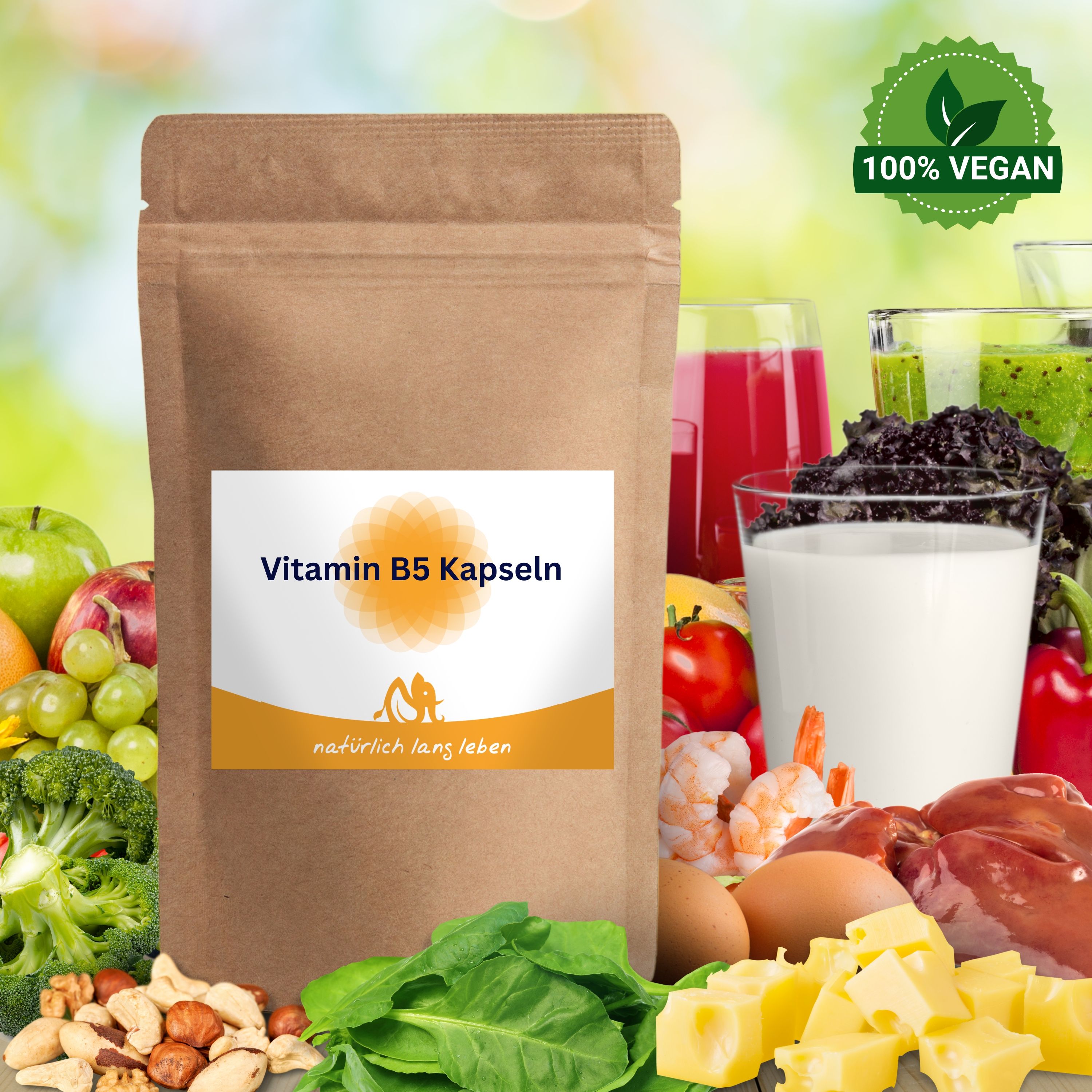 Braune Tüte mit Etikett. Aufschrift: Vitamin B5 Kapseln. Logo: Sonne und Figur. Hintergrund: Lebensmittel und Getränke.