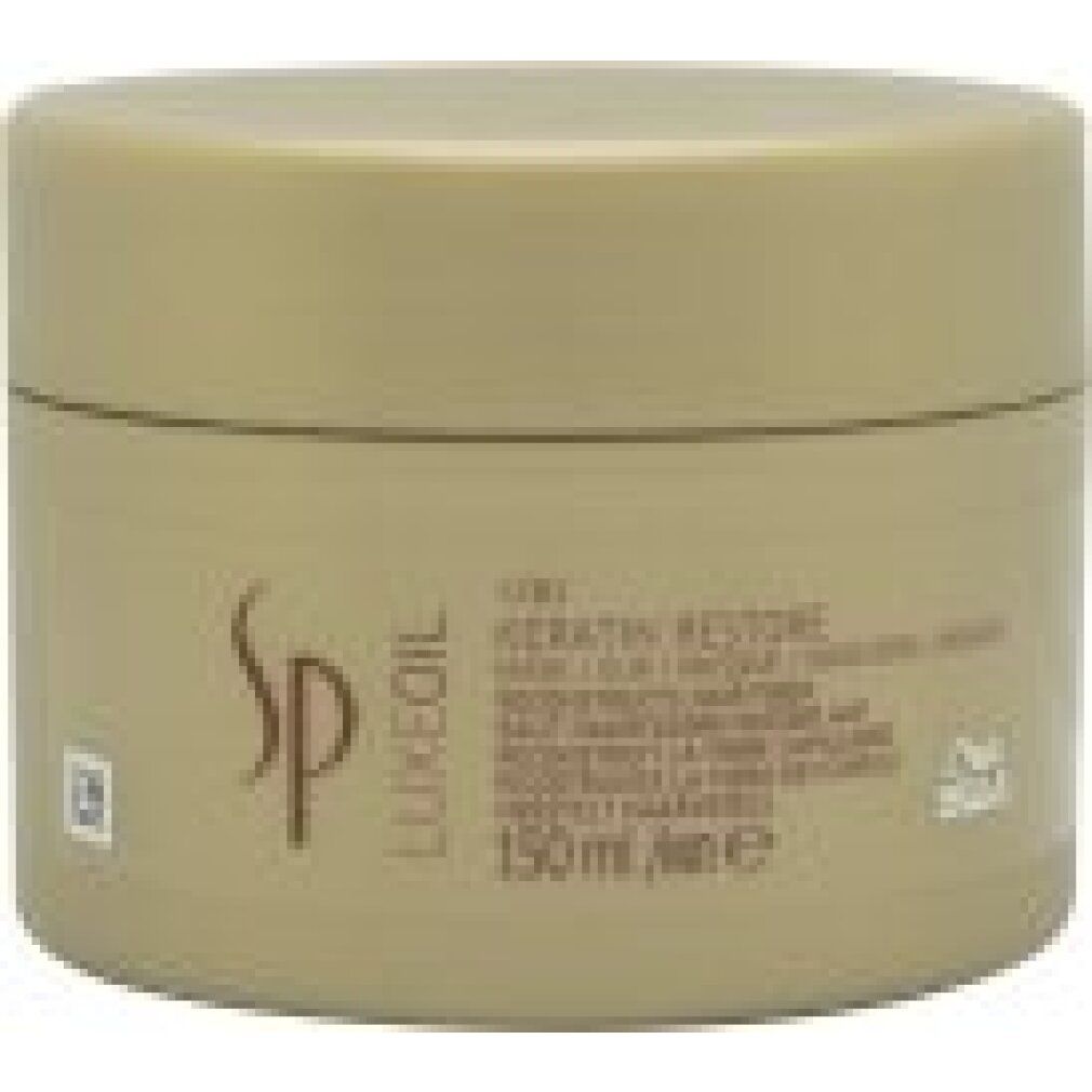 Beige Dose mit SP Luxeoil-Logo. Text: Keratin Restore, 150ml. Wella-Logo.