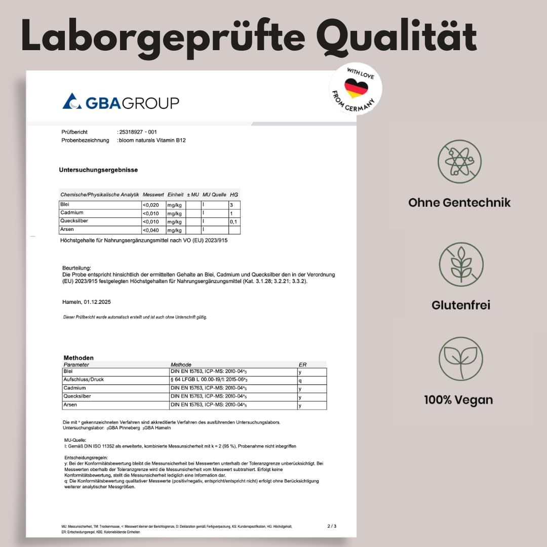 Laborbericht. Text: "GBA GROUP", "Ohne Gentechnik", "Glutenfrei", "100% Vegan", "Made with love from Germany".