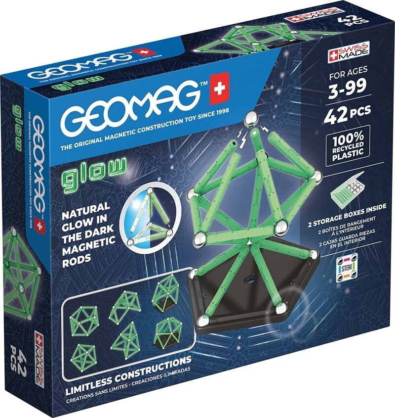 GEOMAG GLOW RECYCLED, 42-teiliges Konstruktionsspielzeug. Grüne Stäbe und silberne Kugeln. Verpackung mit Produktabbildung und Text.
