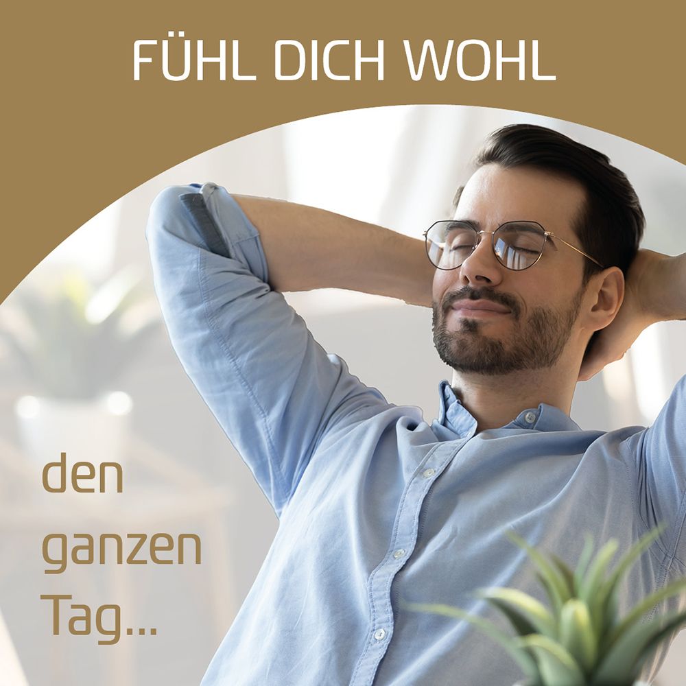 Mann entspannt. Text: Fühl dich wohl, den ganzen Tag...