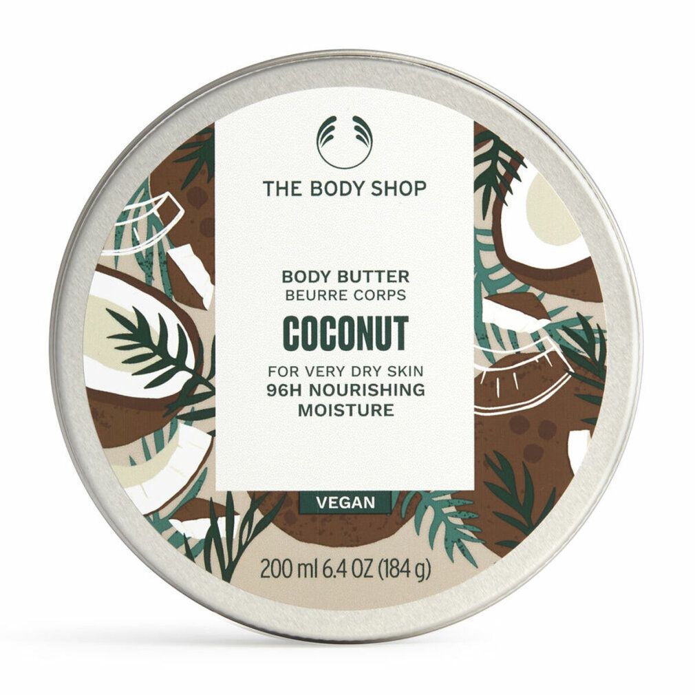 Runde Dose Body Butter, Kokosnuss-Design. Aufschrift: The Body Shop, Body Butter, Kokosnuss, für sehr trockene Haut, vegan. Inhalt: 200 ml.