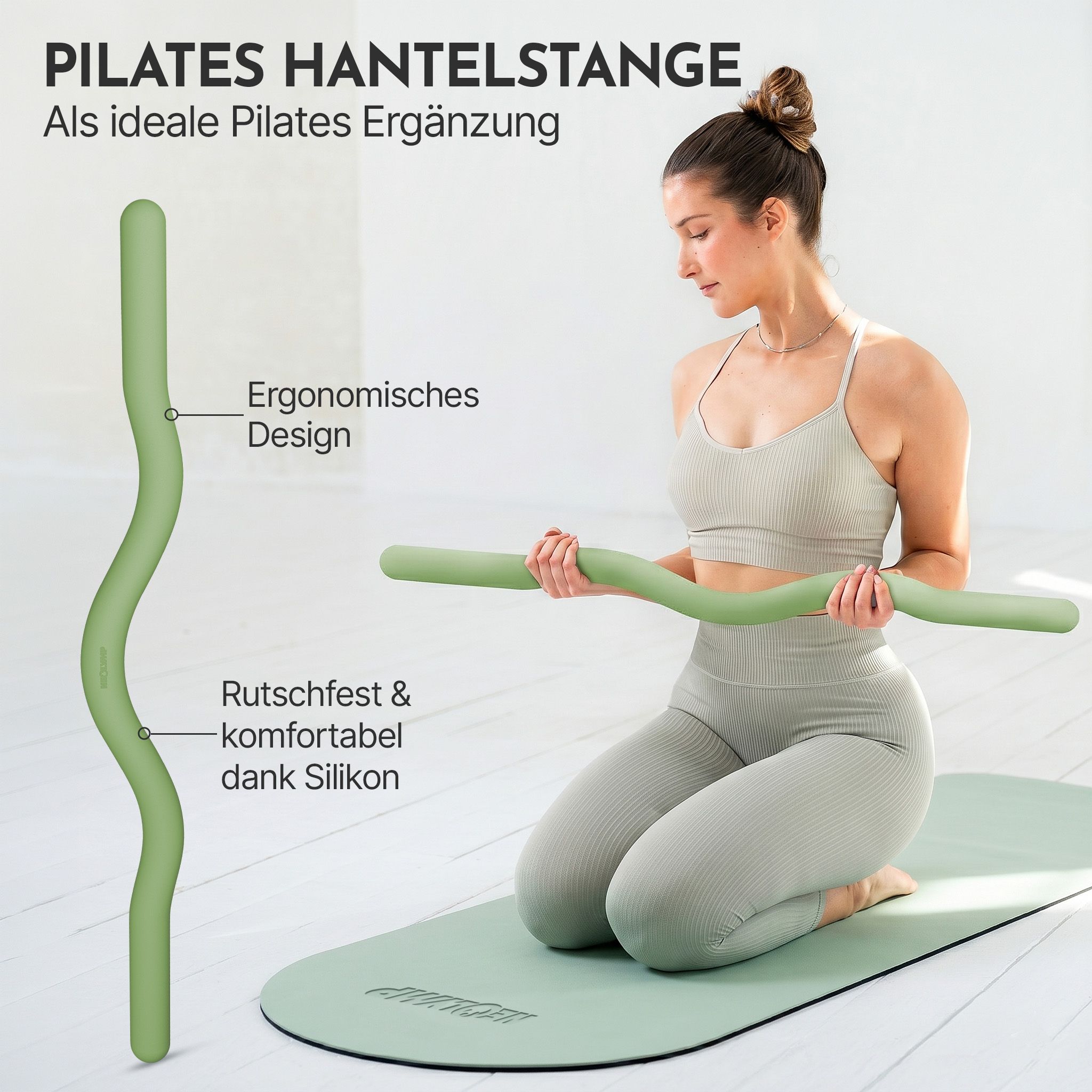 Grüne Pilates SZ-Stange aus Silikon, ergonomisch, rutschfest und komfortabel. Ideal als Pilates-Ergänzung.