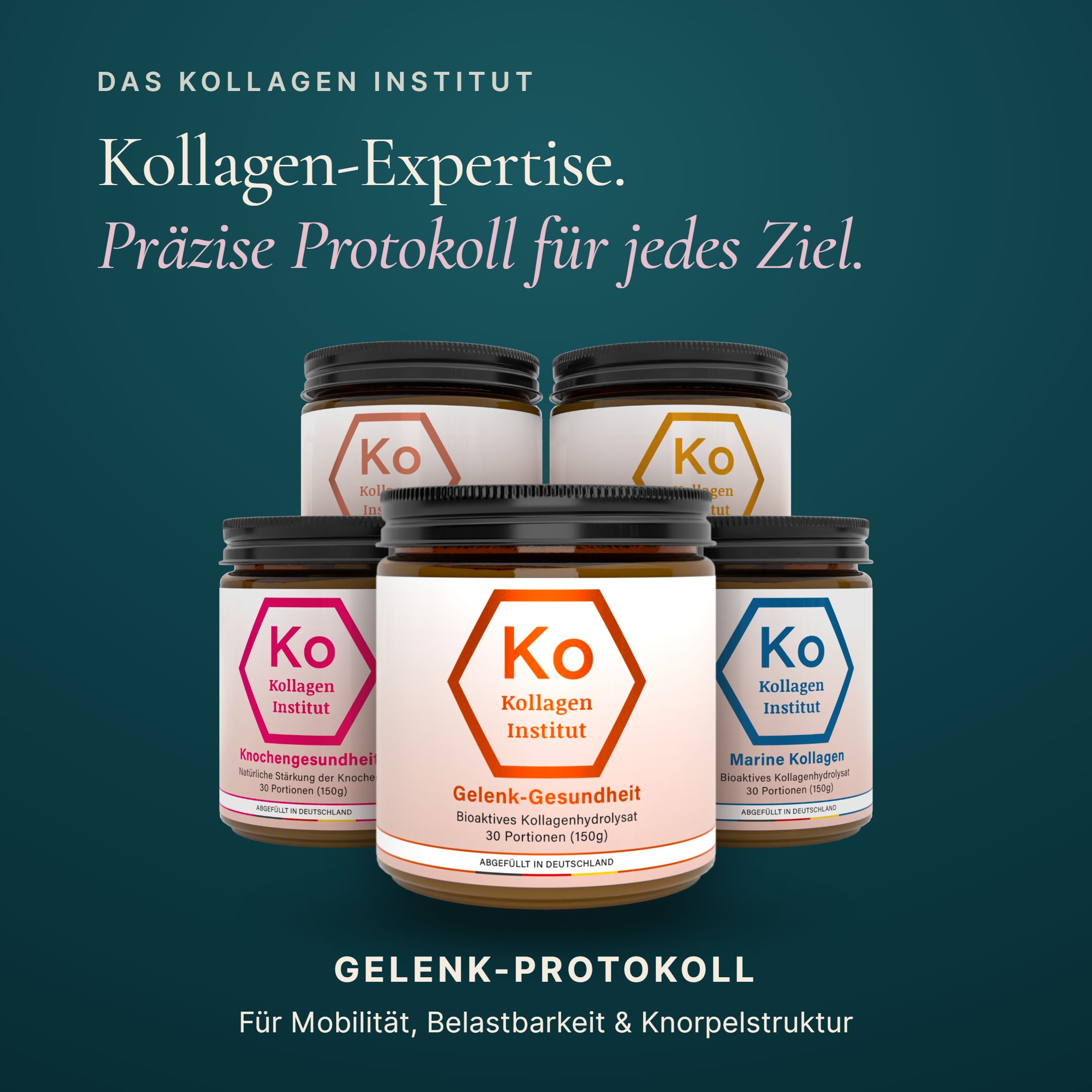 Fünf Gläser Kollagenpulver in verschiedenen Varianten, darunter Gelenkgesundheit und Marine Kollagen.