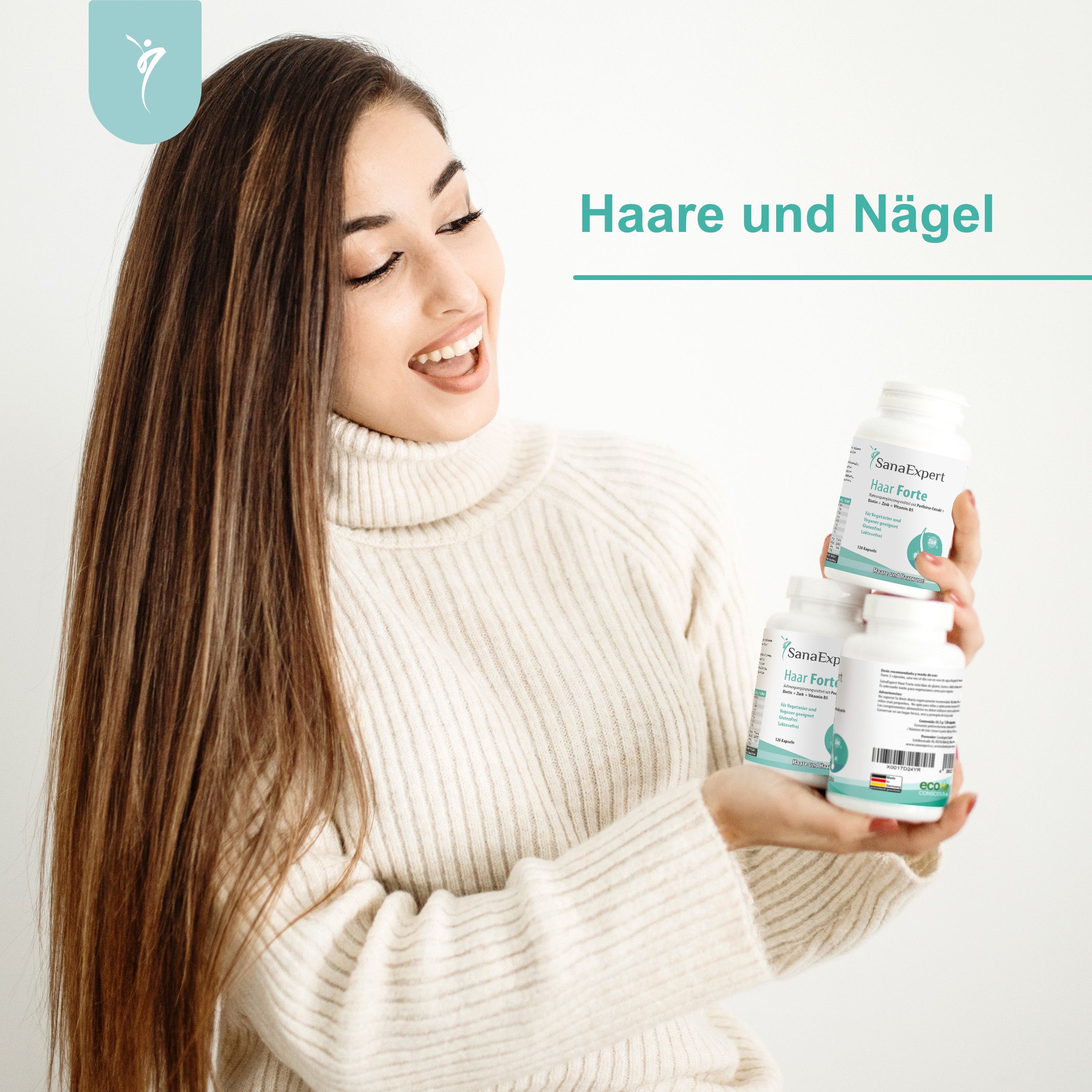 Frau mit langen Haaren hält drei Flaschen SanaExpert Haar Forte Kapseln.