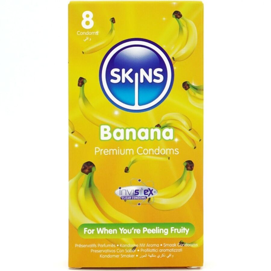 Gelbe Verpackung mit Bananen-Motiv und Aufschrift SKINS Banana Premium Kondome. Enthält 8 Kondome.