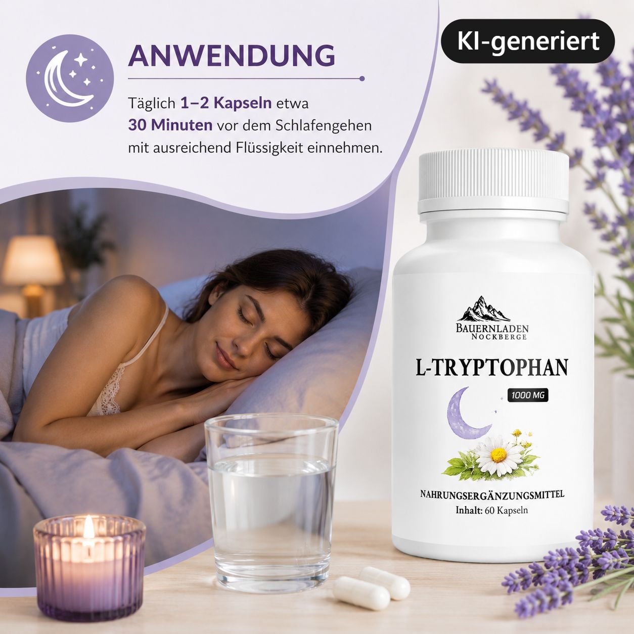 L-Tryptophan Kapseln 1000 mg, 60 Stück. Anwendungshinweise und schlafende Frau im Hintergrund. Mit Glas Wasser.