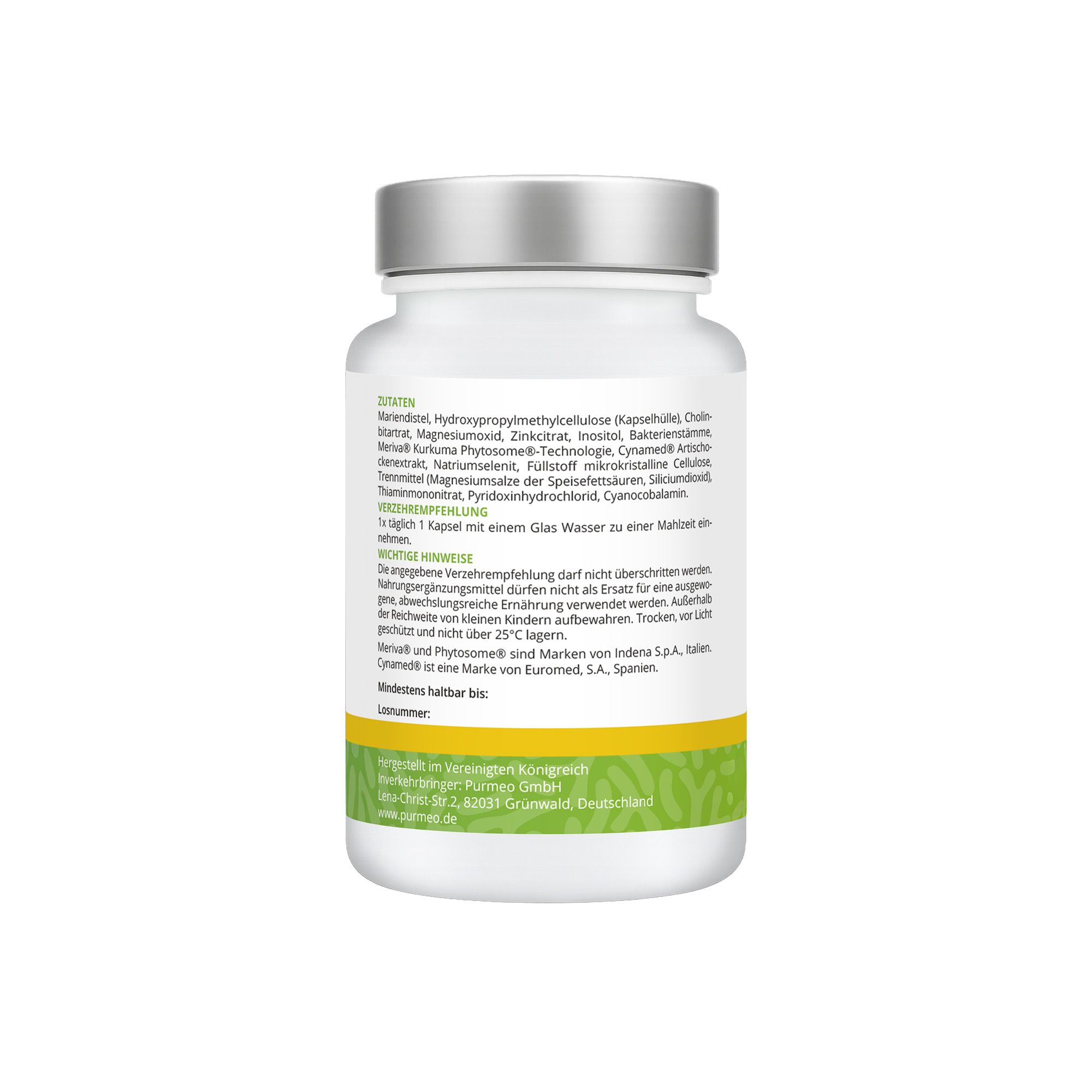 Weißes Pillenglas mit silbernem Deckel. Gelbes Etikett mit Text. Rückseite mit Inhaltsstoffen und Anwendungshinweisen.