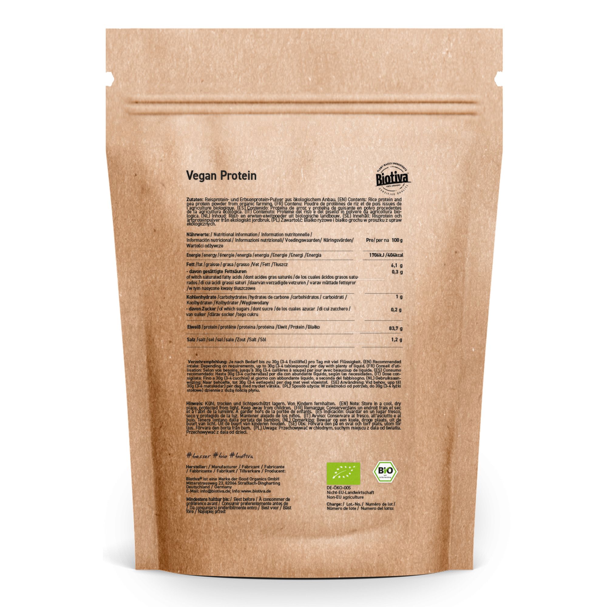 Rückseite der Biotiva Vegan Protein Pulver Verpackung. Enthält Nährwertangaben, Zutatenliste und Bio-Zertifizierung.