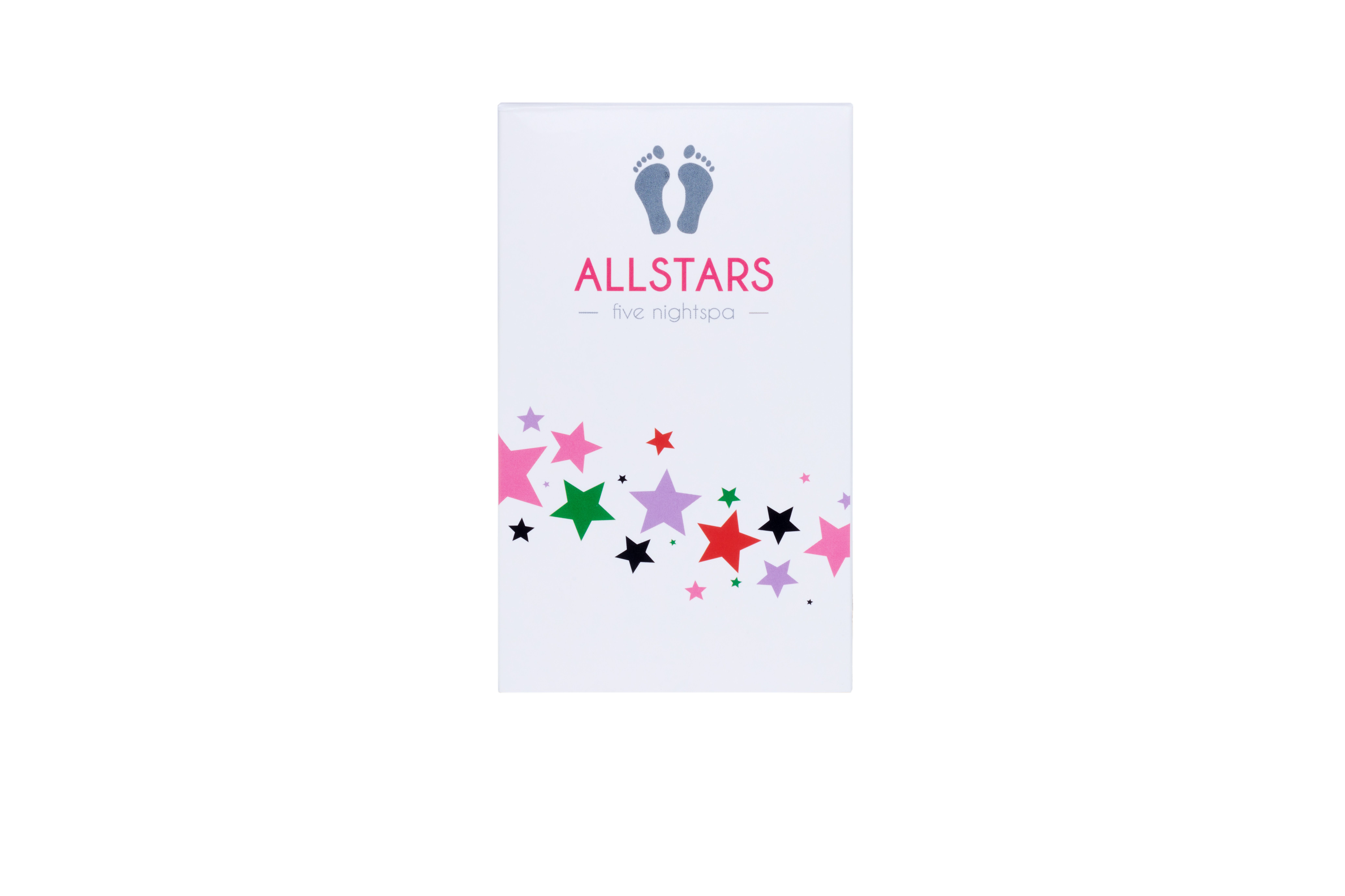 Weiße Verpackung mit bunten Sternen und "ALLSTARS" Schriftzug. Oben Fußabdrücke.