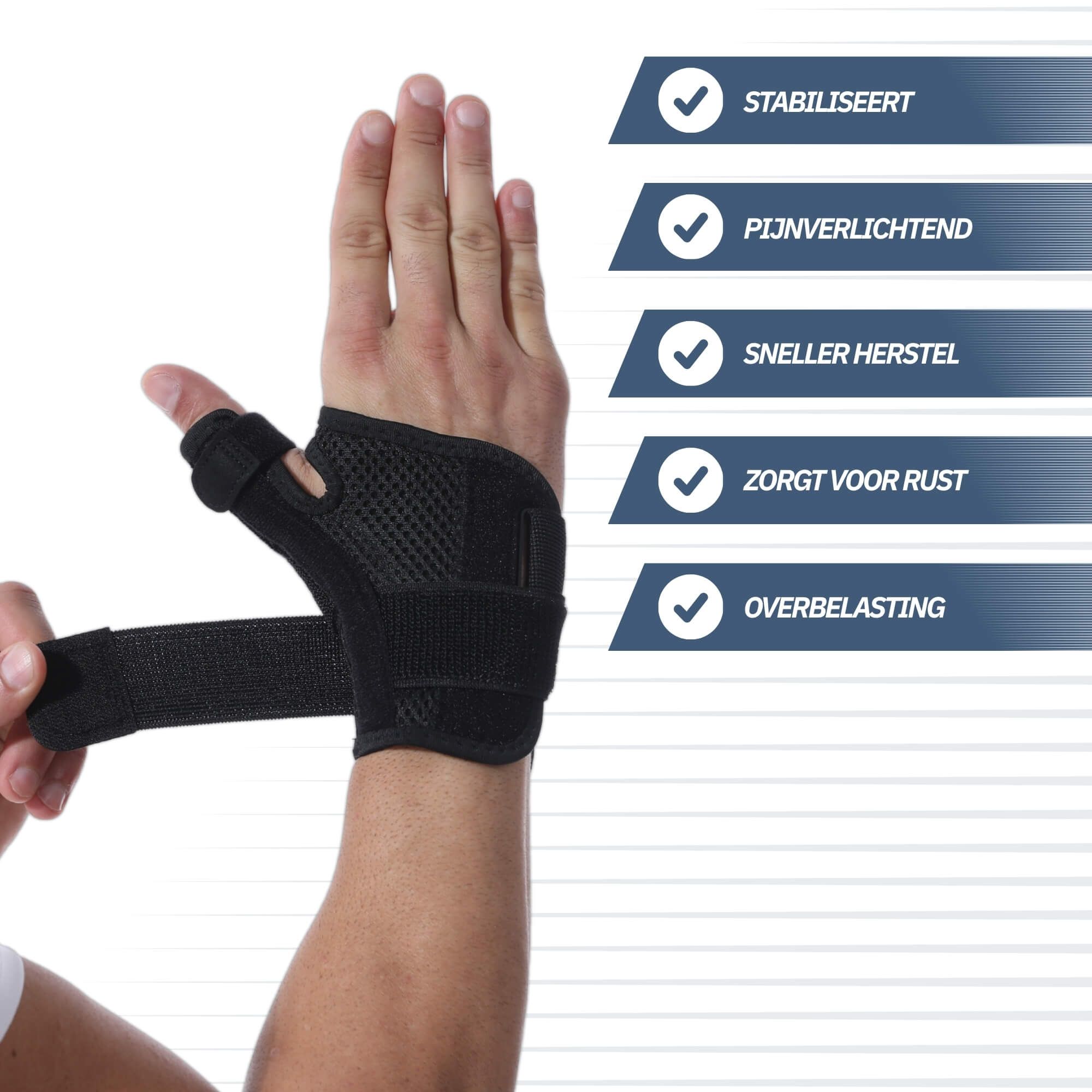 Hand mit schwarzer Daumen-Handgelenk-Schiene. Text: 'One Size Fits Most'. Handgelenkumfang 14-27 cm.