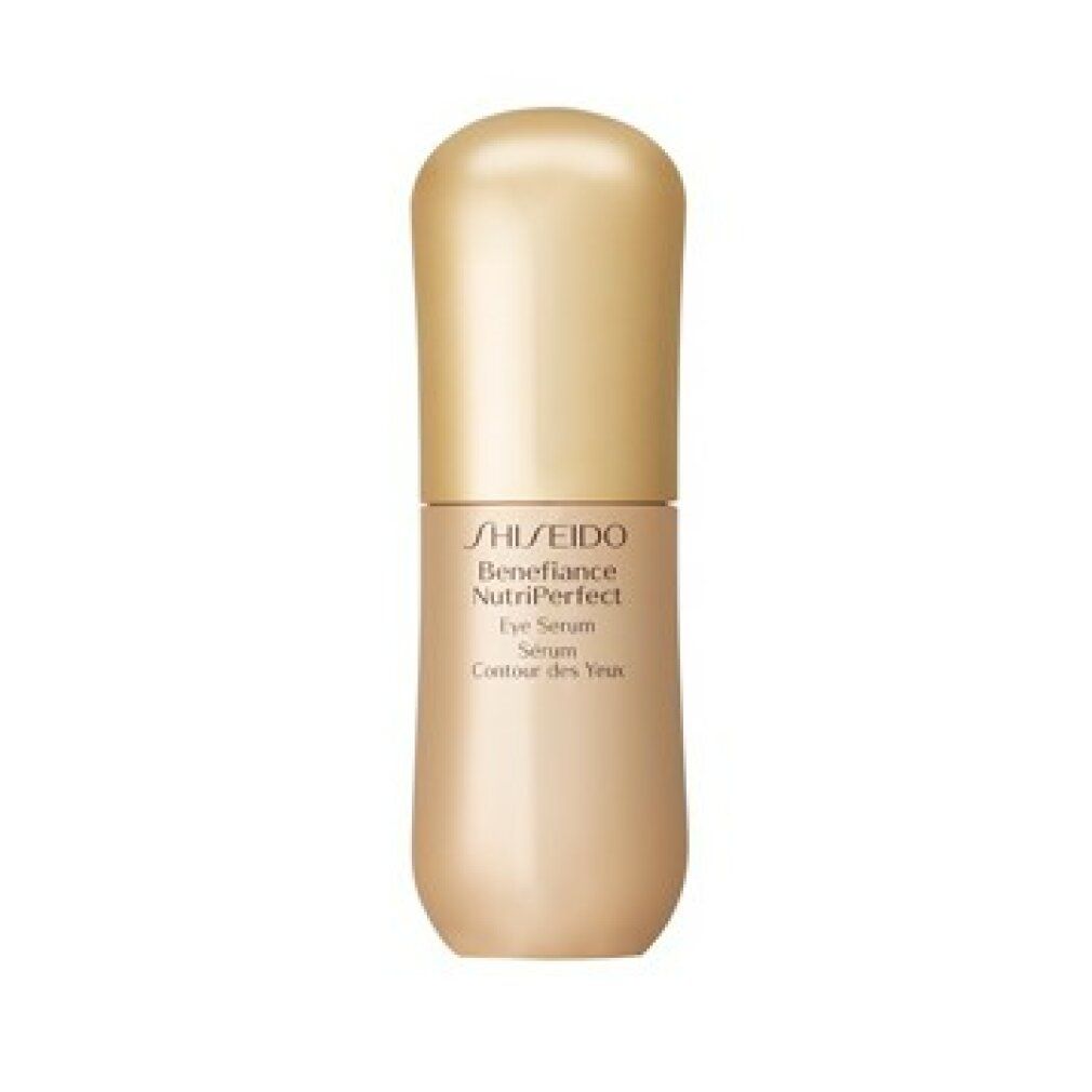 Beige Serumflasche mit goldfarbenem Deckel. Beschriftung: Shiseido Benefiance NutriPerfect Eye Serum. Französisch: Contour des Yeux.