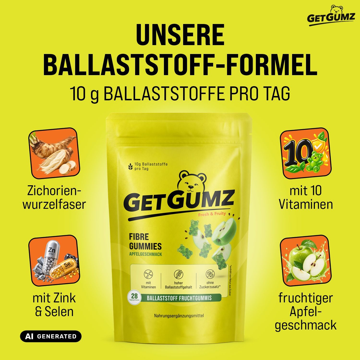 GetGumz Ballaststoff Gummibärchen: 10g Ballaststoffe, 6 Gummibärchen am Tag, Apfelgeschmack.
