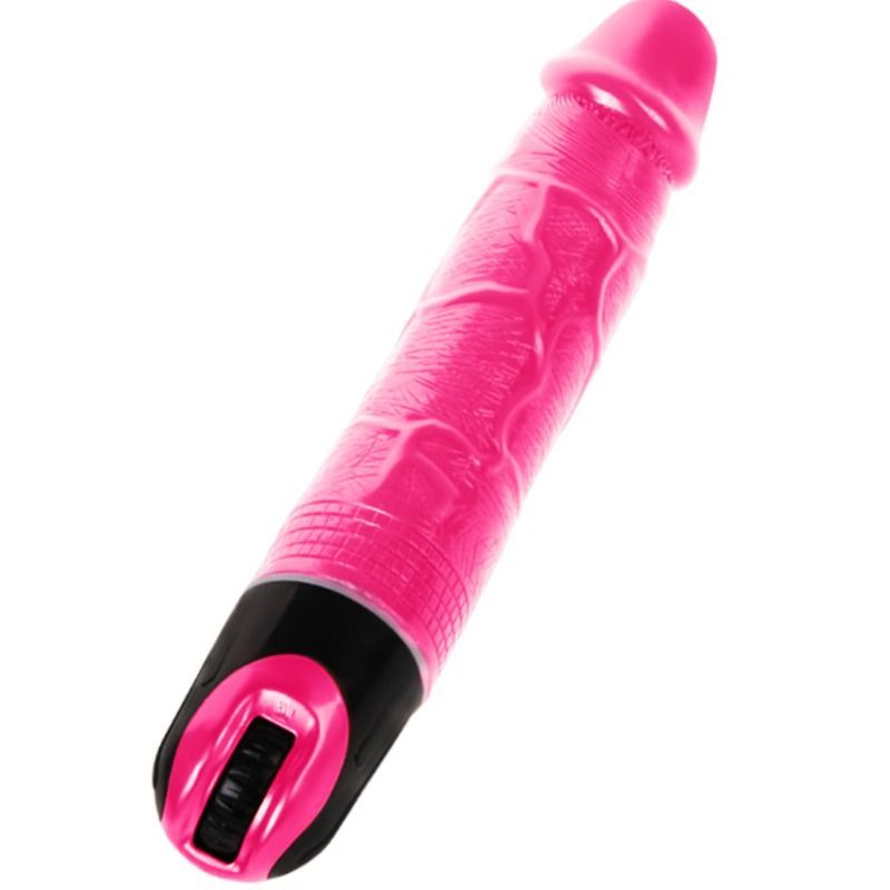 Pinkfarbener Vibrator mit schwarzem Griff. Oberflächenstruktur. Bedienfeld am Ende.