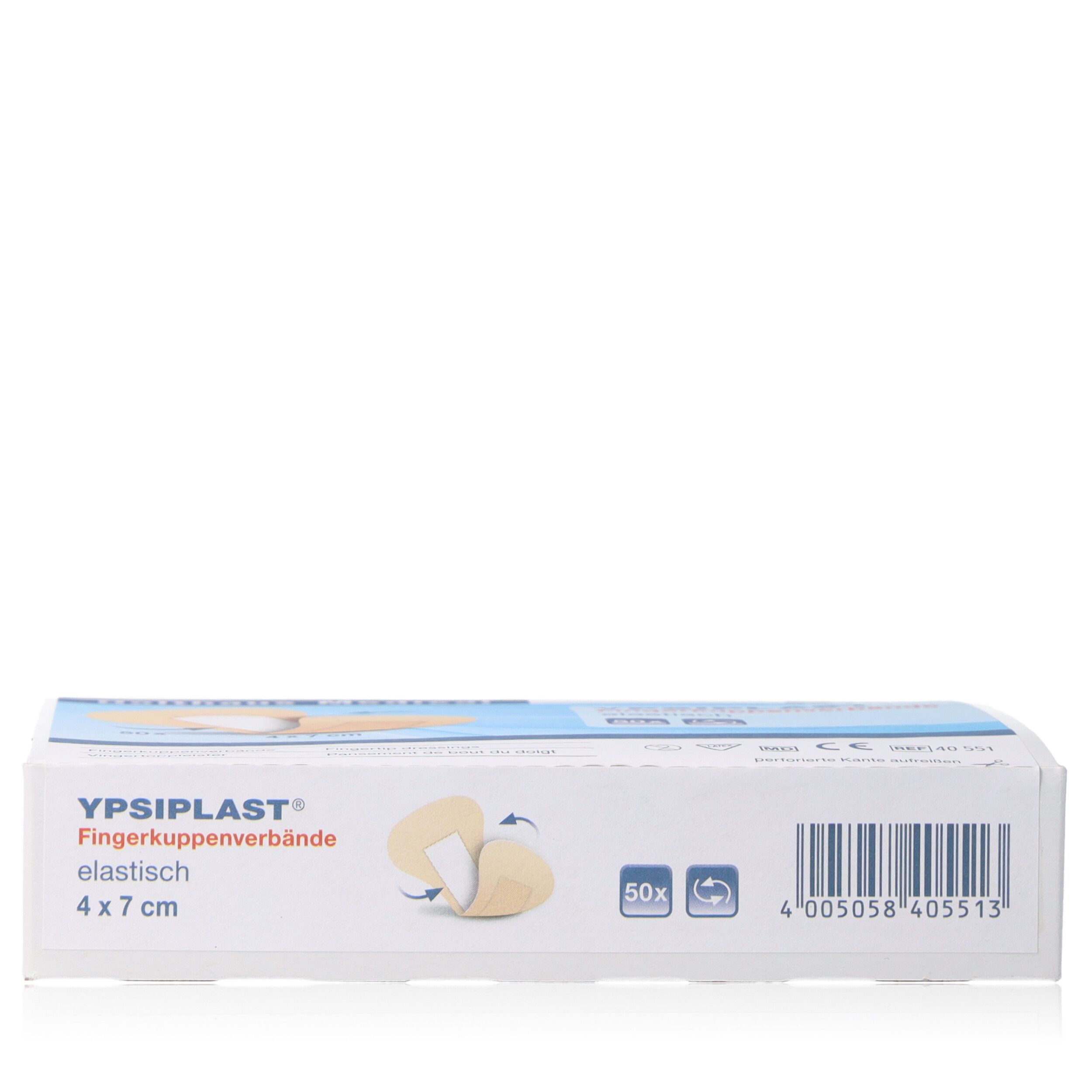 Verpackung von Ypsiplast Fingerkuppenverbänden. Weißer Karton mit Produktabbildung und Barcode. Text: elastisch, 4x7 cm, 50 Stück.