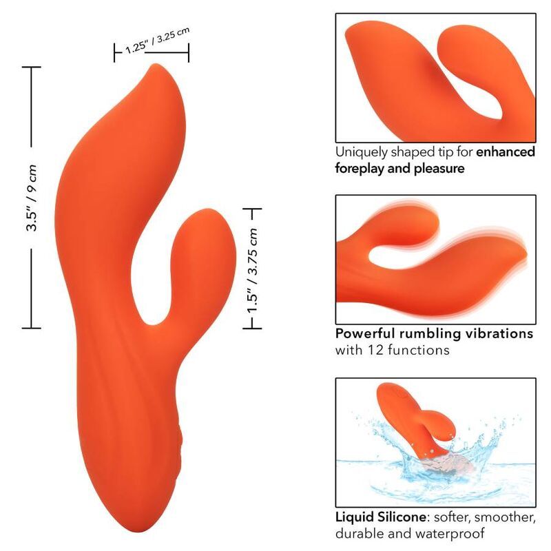 Orangefarbenes Wellness-Produkt. Maße: 9 cm hoch, 3,75 cm breit. Mit 12 Funktionen.