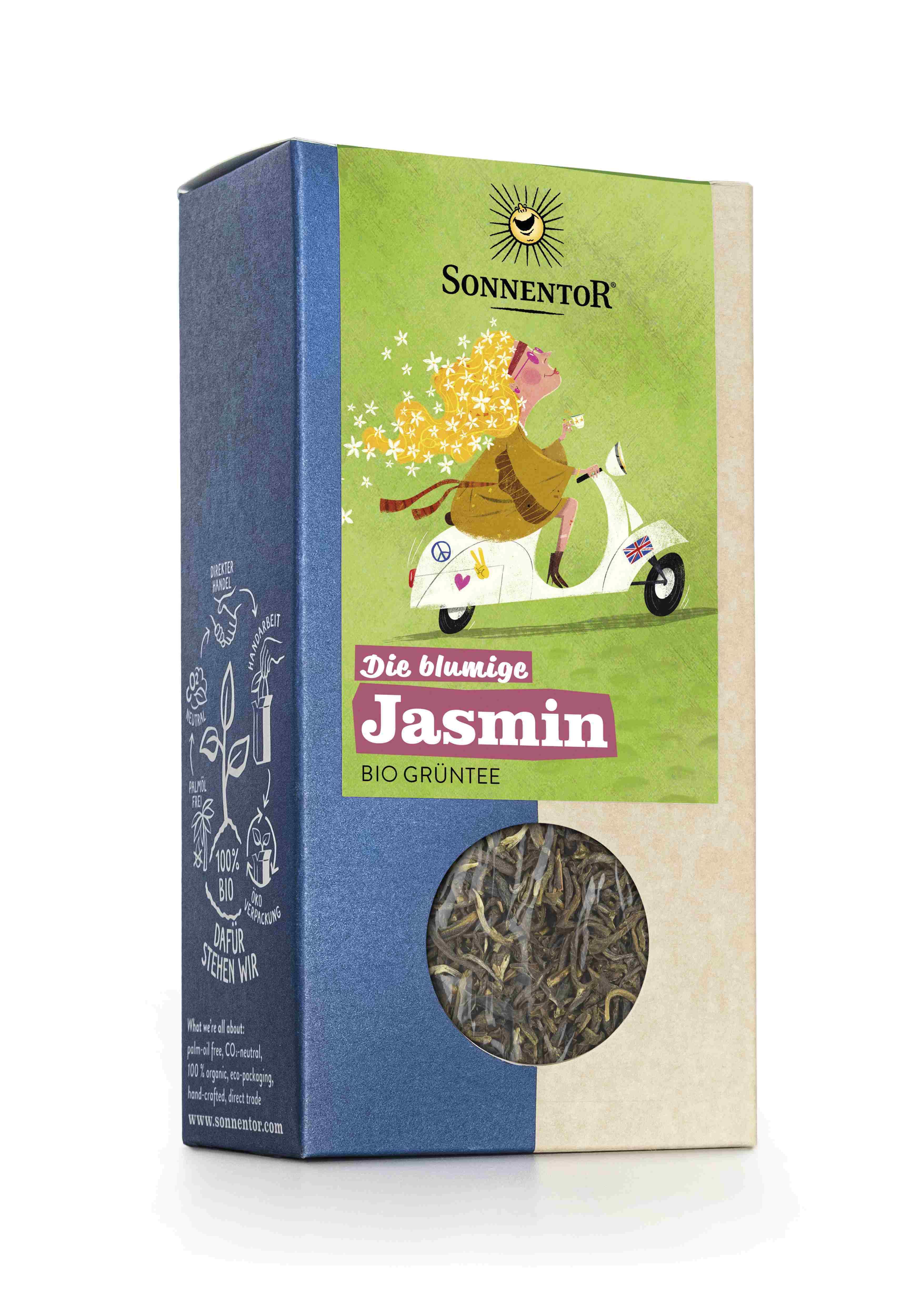 Karton mit SonnentoR Jasmin Tee. Sichtfenster zeigt losen Tee. Illustration einer Frau auf Roller. Text: Die blumige Jasmin BIO GRÜNTEE.