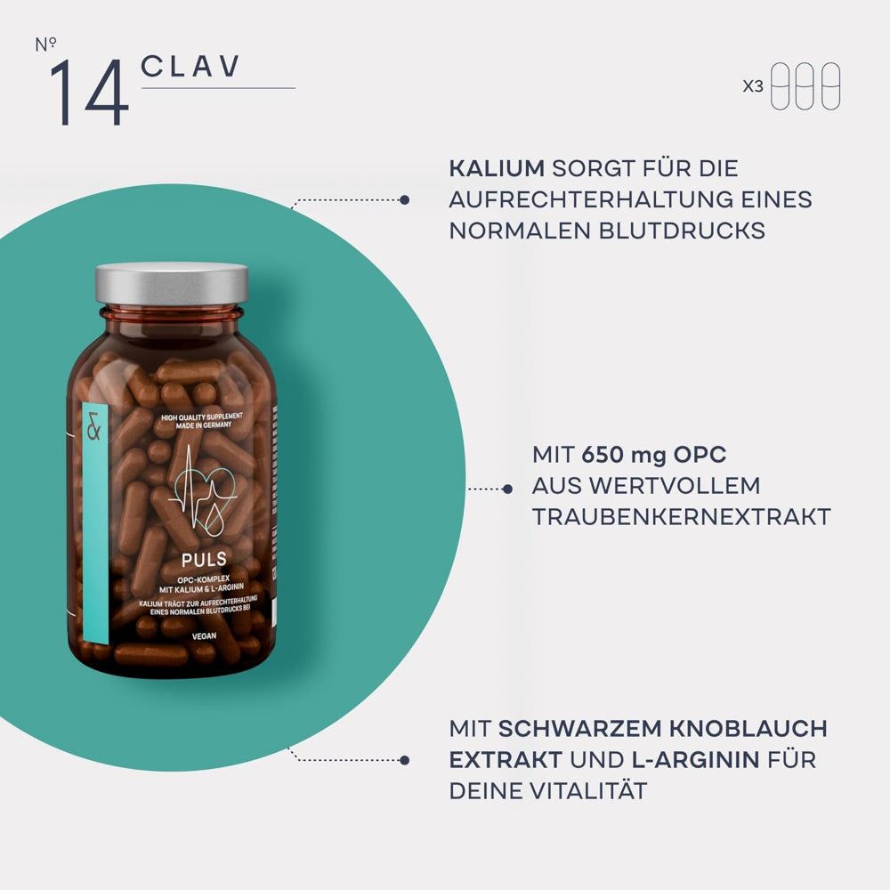 Braune Kapseln in einer braunen Glasflasche. Text: Nr. 14 CLAV. Zusätzliche Informationen: Kalium, OPC, Knoblauch.