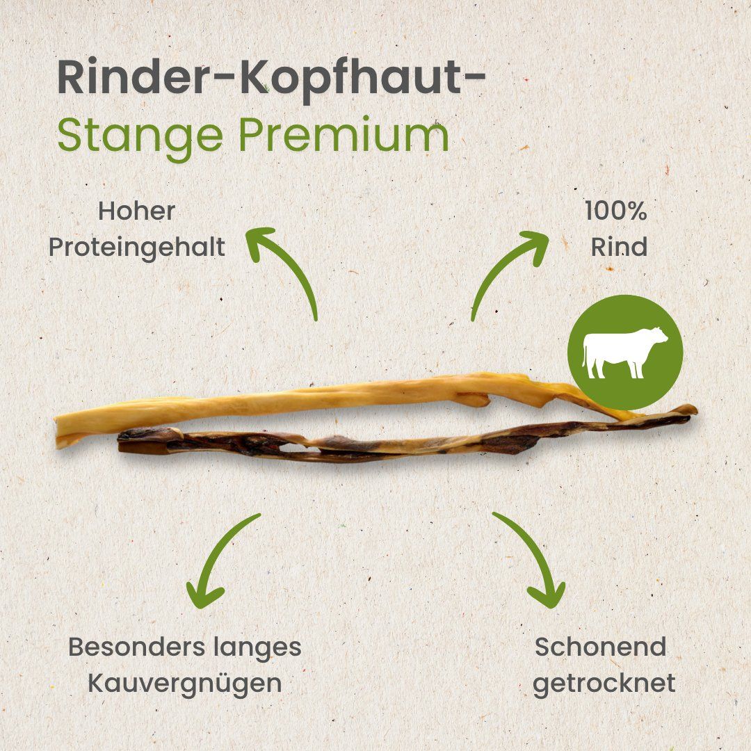 Rinderkopfhaut-Stange Premium: 100% Rind, hoher Proteingehalt, besonders langes Kauvergnügen, schonend getrocknet.