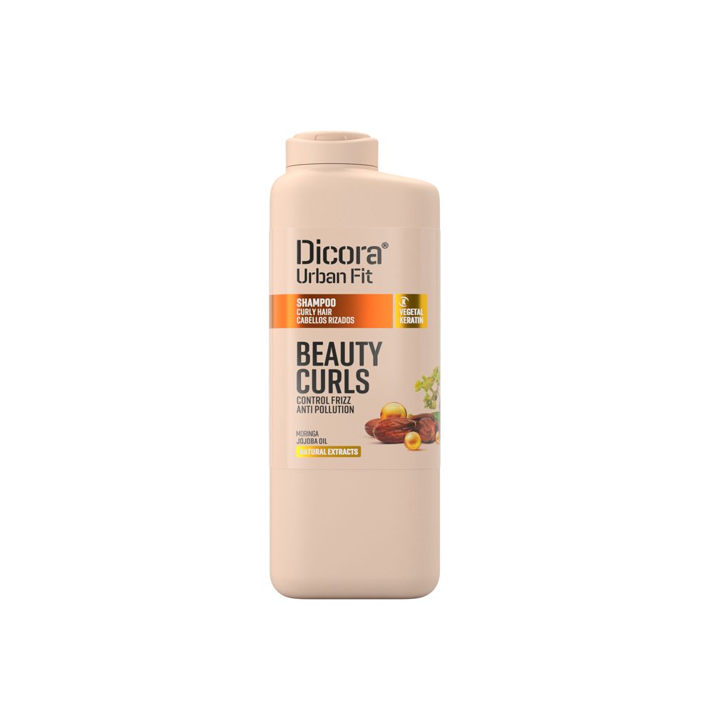Beige Shampoo-Flasche. Aufschrift: Dicora Urban Fit, Shampoo für lockiges Haar, Beauty Curls. Mit Illustrationen von Früchten.