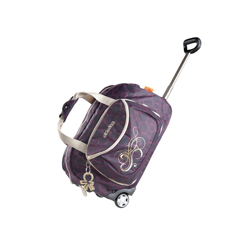 Reisetasche mit Rollen, lila mit schwarzen Punkten. Ausziehbare Teleskopstange. Zwei Rollen.