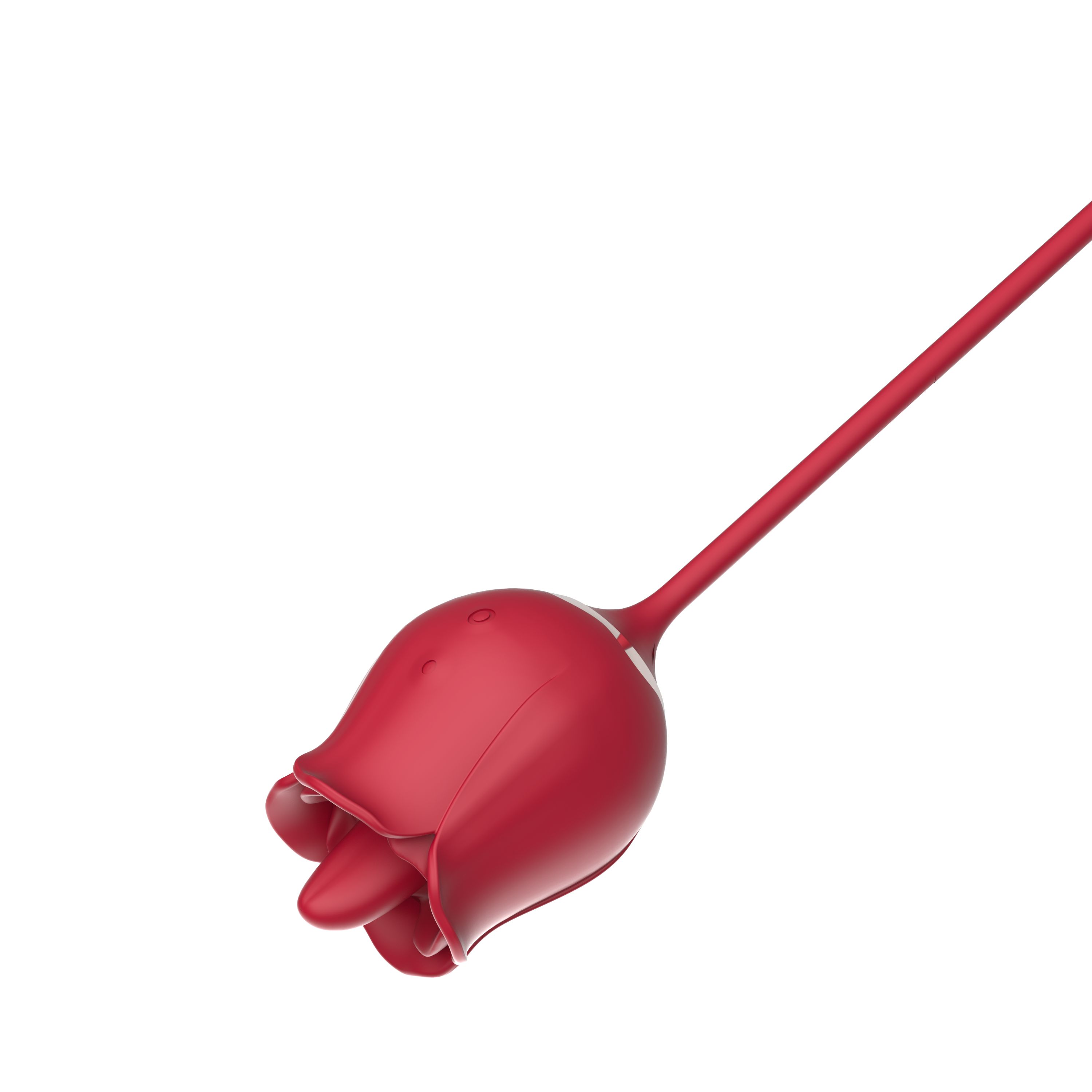 Nahaufnahme eines roten Vibrators in Rosenform. Die Blütenblätter sind deutlich sichtbar.