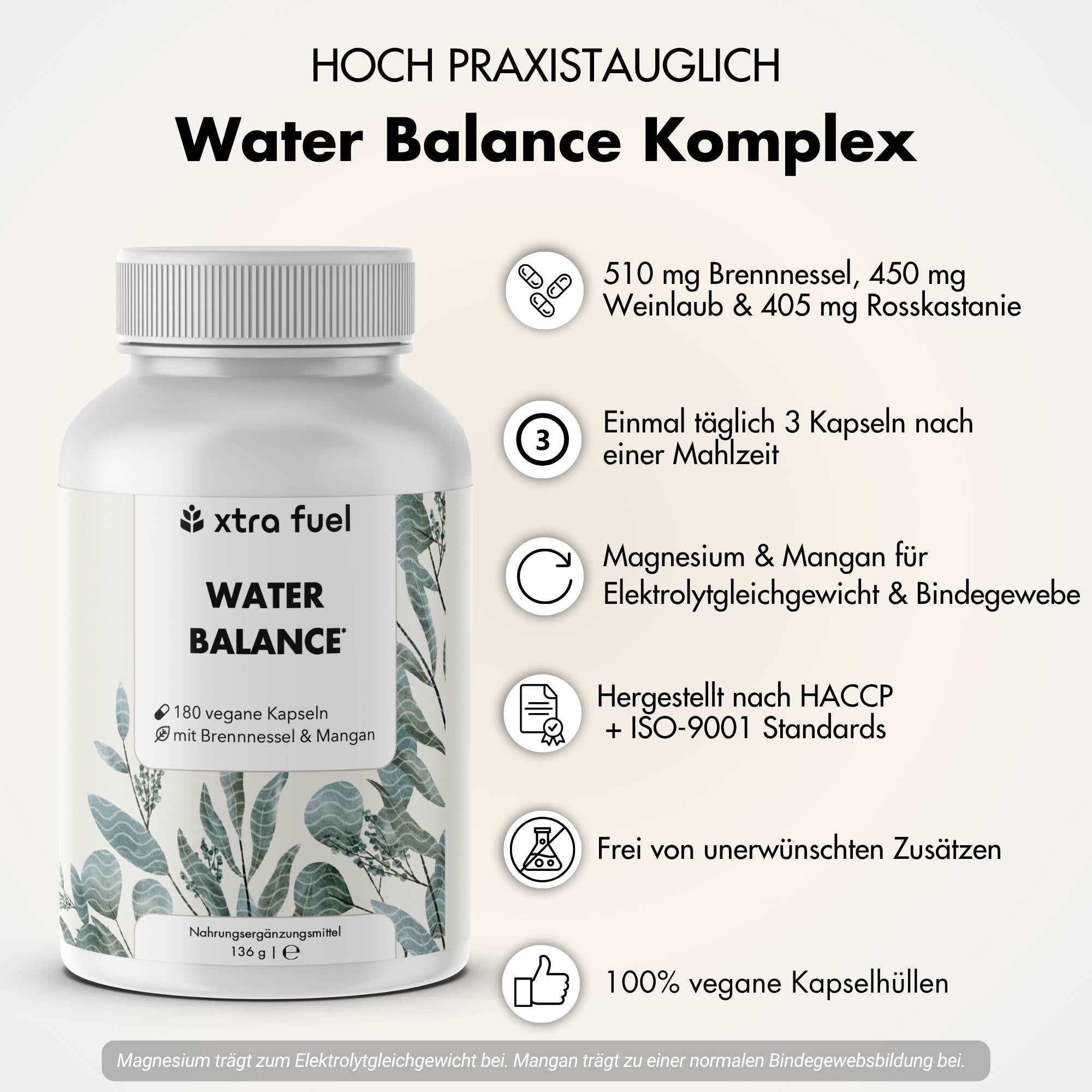 Weiße Flasche mit Kapseln. Text: XTRA FUEL WATER BALANCE, 180 vegane Kapseln. Infografik mit Inhaltsstoffen und Zertifizierung.
