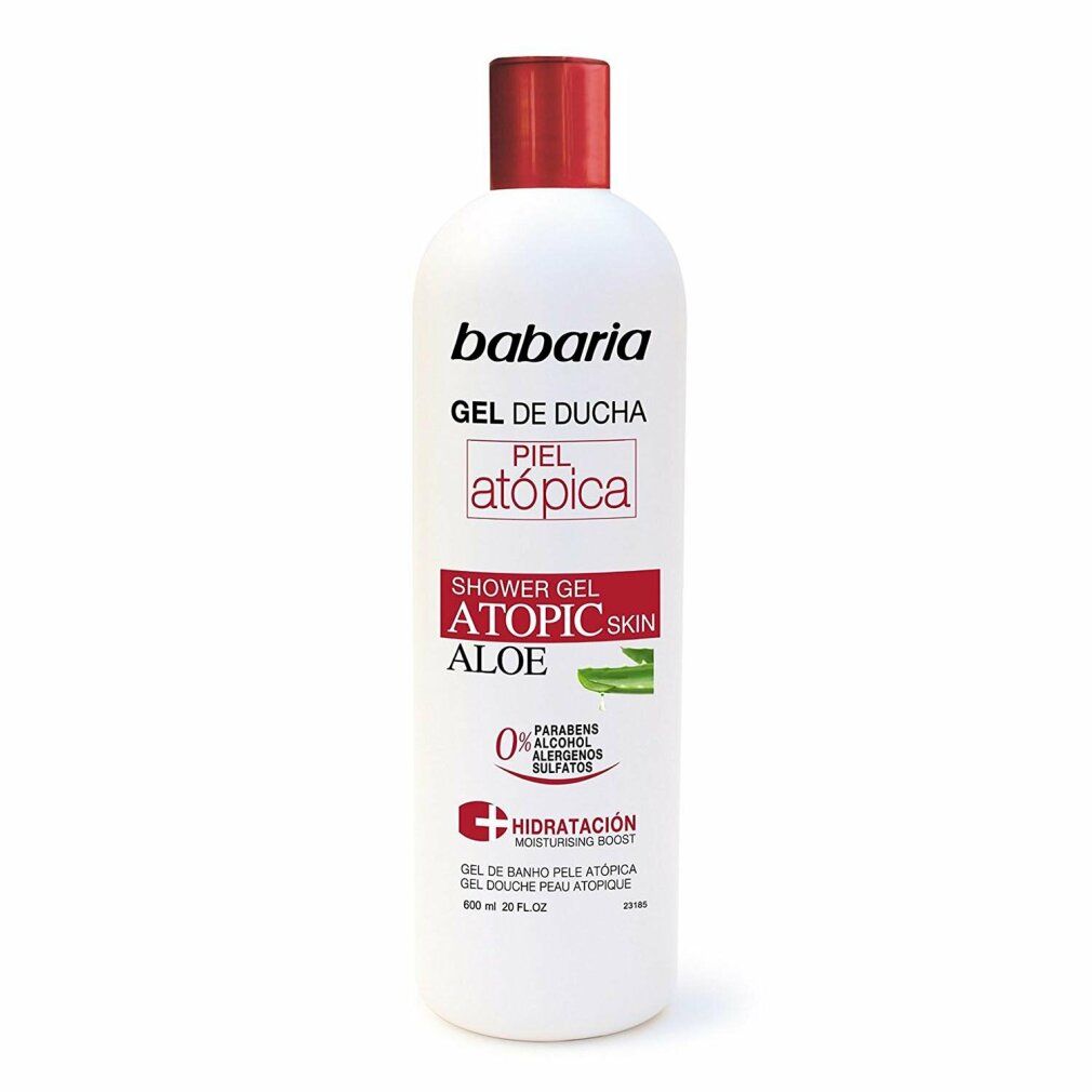 Weißes Duschgel mit rotem Deckel. Text: Babaria, Gel de Ducha, Piel Atópica, Aloe. 0% Parabene, Alkohol, Allergene, Sulfaten.