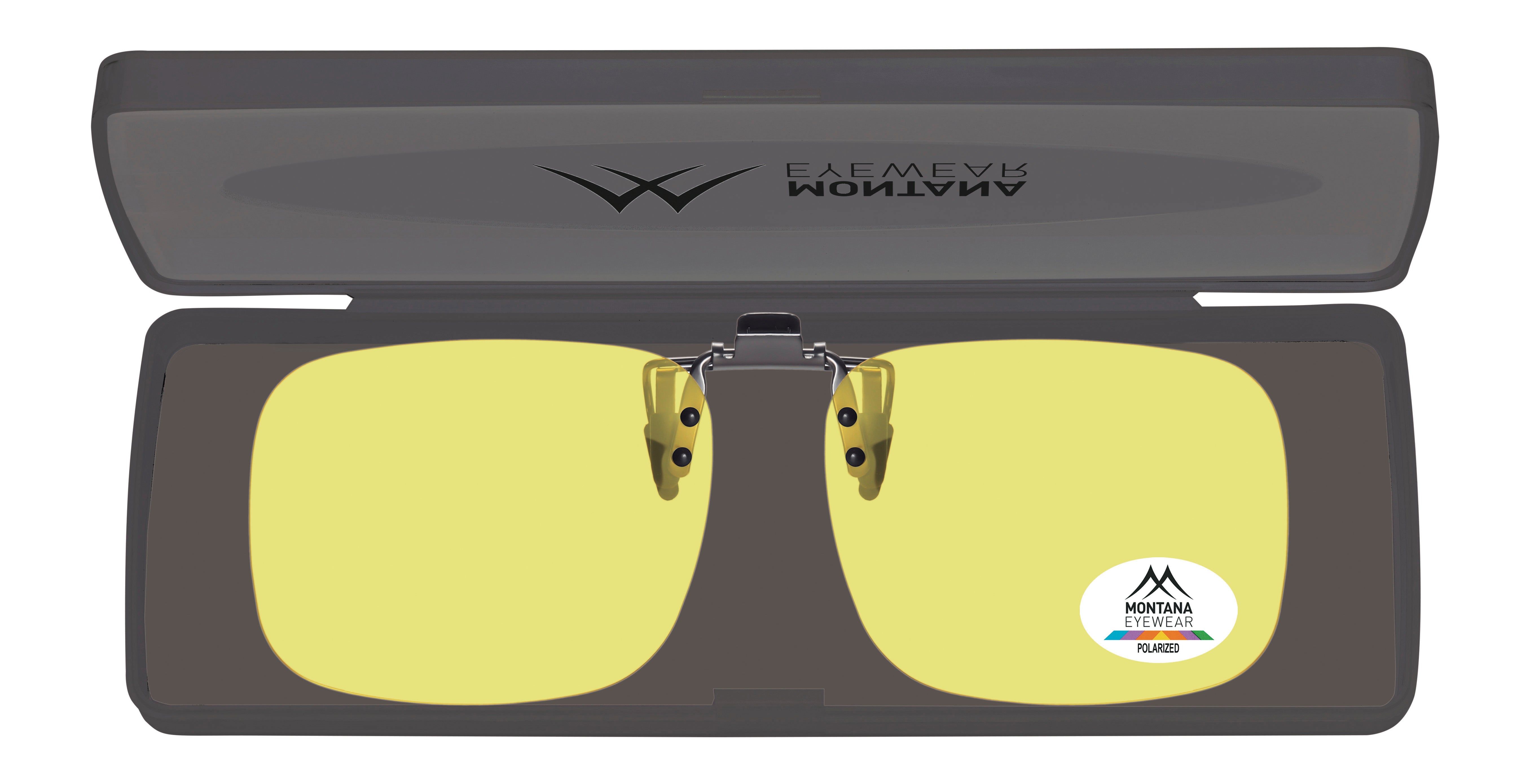 Montana Eyewear Tofino Clip-on-Sonnenbrille in einem grauen Etui. Gelbe Gläser, Polarized-Logo.