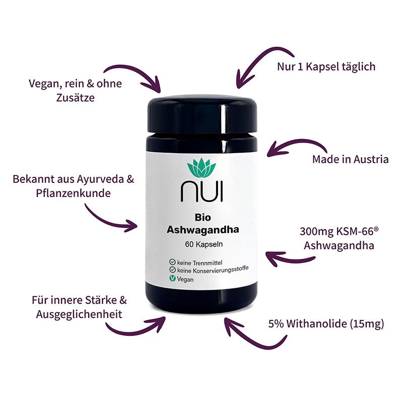 NUI Bio Ashwagandha Flasche. Enthält 60 Kapseln. Auf der Flasche: 300mg KSM-66 Ashwagandha, 5% Withanolide, vegan, ohne Zusatzstoffe.