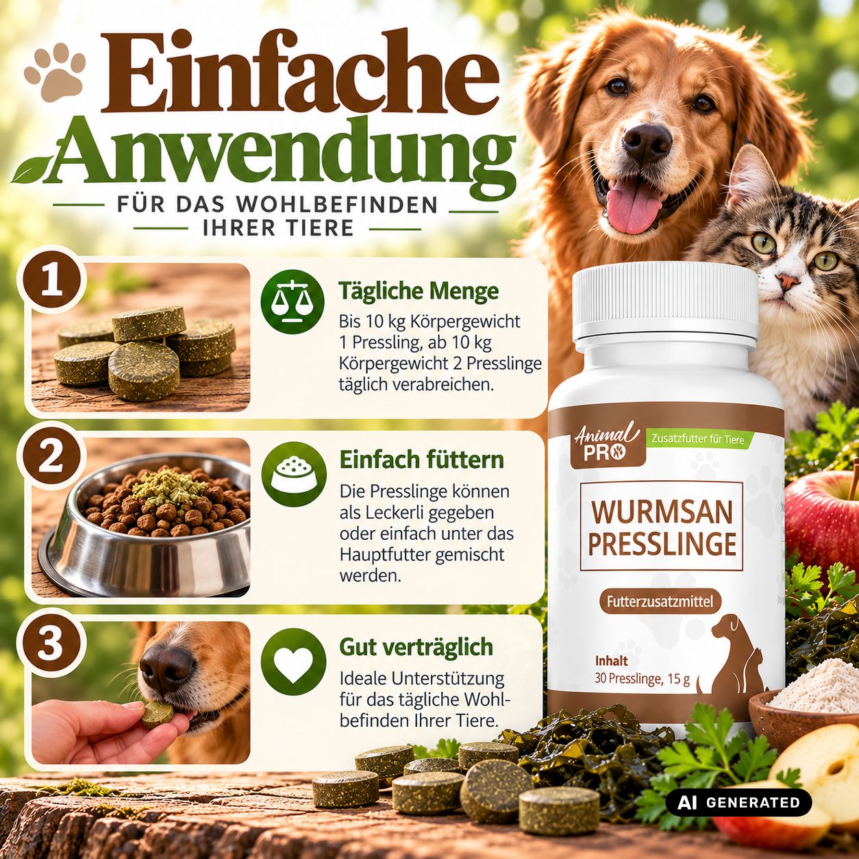 Flasche mit 'WURMSAN PRESSLINGE' und 30 Presslingen, 15g. Zeigt einfache Anwendung und tägliche Dosierung für Tiere.