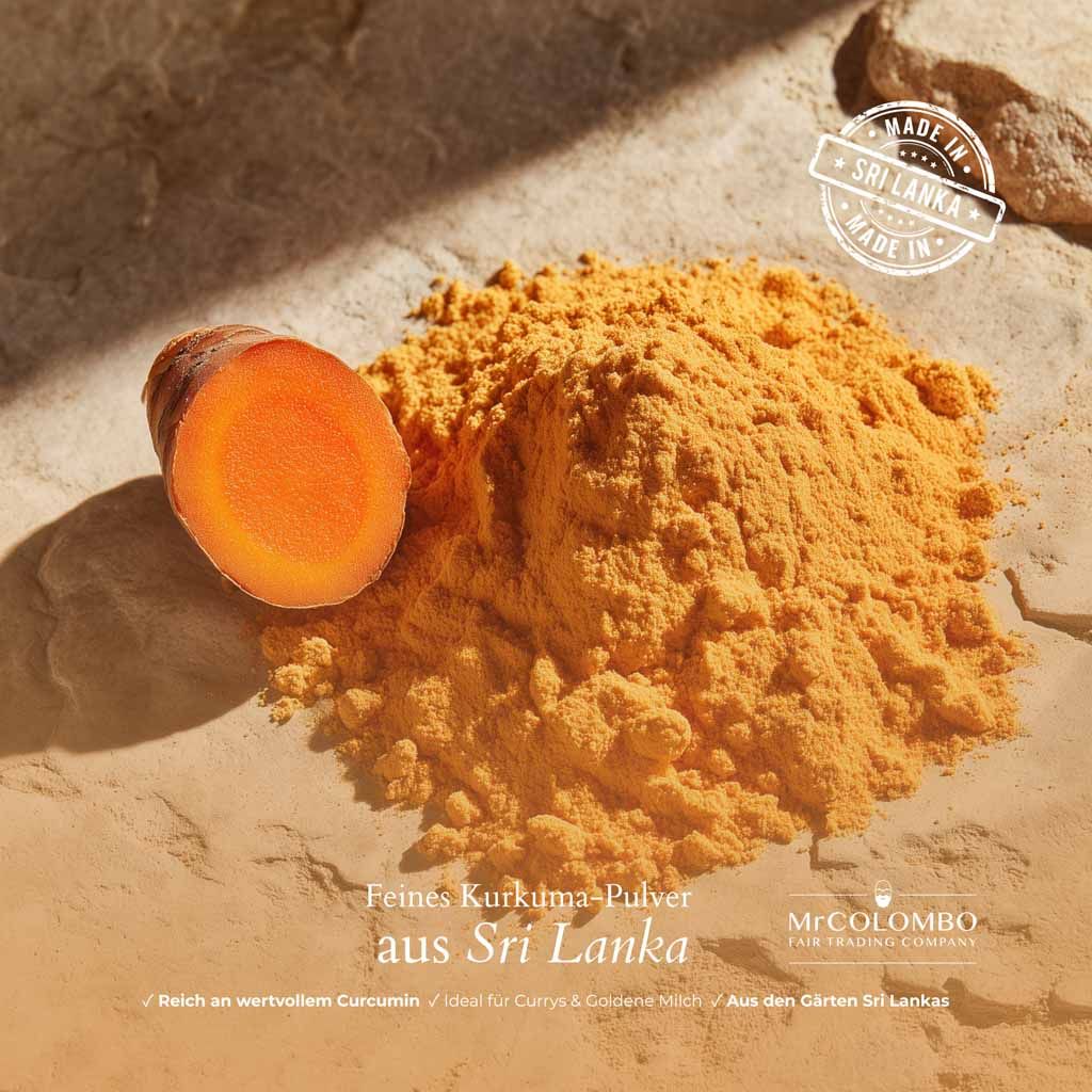 Kurkuma-Pulver auf Stein. Daneben eine Kurkuma-Wurzel. Text: Feines Kurkuma-Pulver aus Sri Lanka. Siegel: Made in Sri Lanka.