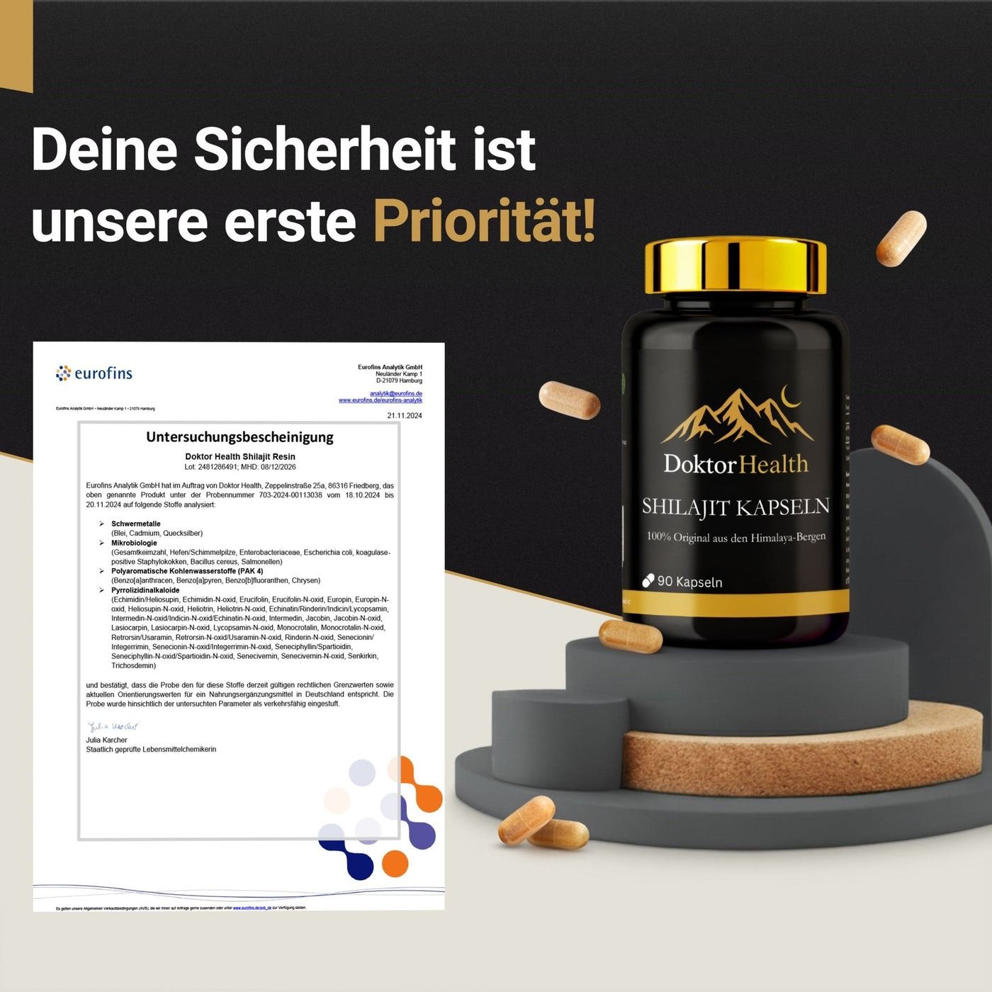 Schwarze Flasche mit goldenem Deckel und Kapseln. Aufschrift: Doktor Health Shilajit Kapseln. Zertifikat.