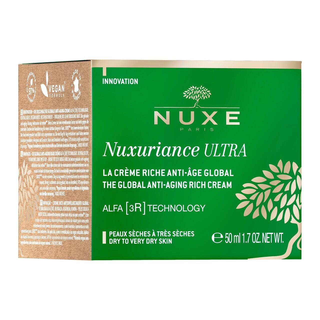 Grüne Schachtel mit Produktinformationen. Aufschrift: NUXE, Nuxuriance ULTRA, Creme. Vegan-Logo.