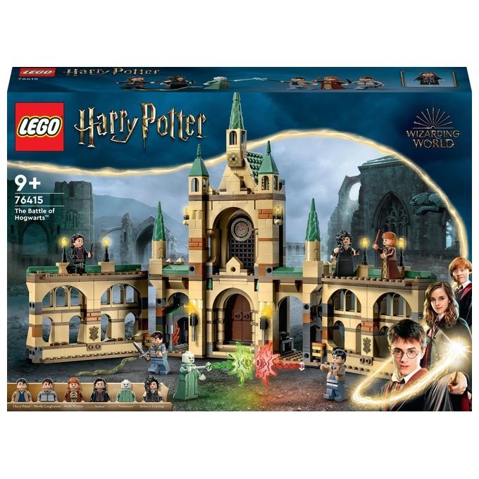 LEGO Harry Potter 76415 La battaglia di Hogwarts, castello giocattolo con minifigure di Bellatrix L. La confezione mostra il castello con le minifigure dei personaggi di Harry Potter. Il set è destinato a bambini dai 9 anni in su.