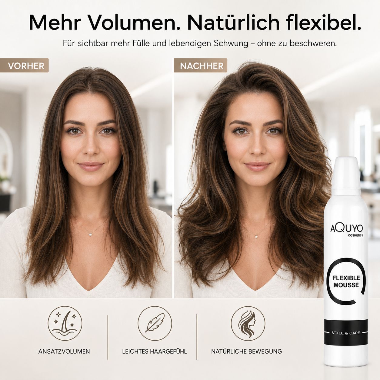 Vorher-Nachher-Vergleich von Haaren, die mit flexiblem Mousse behandelt wurden. Dose daneben.