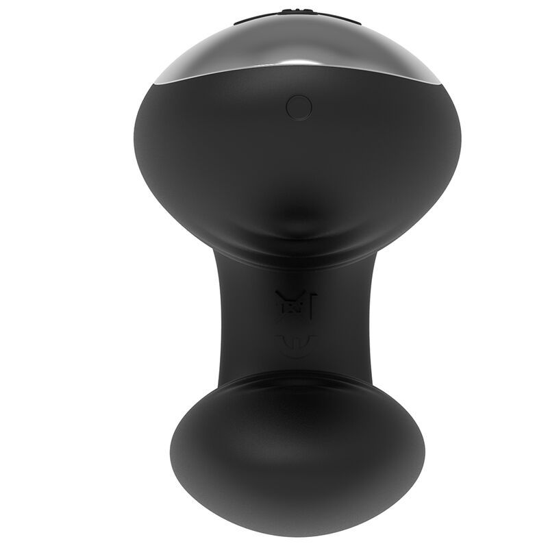 Schwarzer Vibrator mit silberner Oberfläche. Runde Form, mit Ein/Aus-Taste und Blüte.