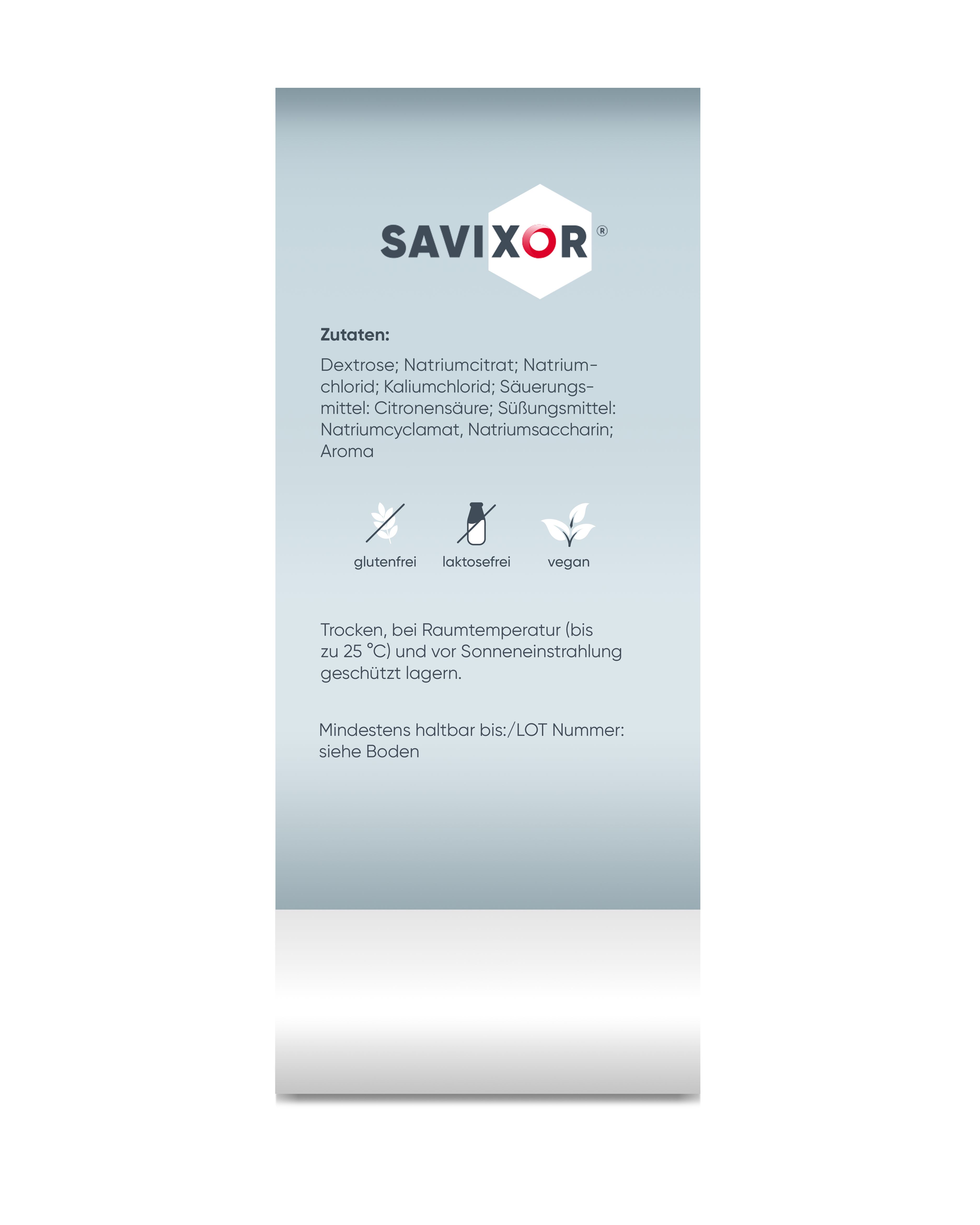 Savixor HydriaX Elektrolyte Pulver, Sachet. Seitenansicht der Verpackung mit Zutatenliste. Glutenfrei, laktosefrei, vegan. Weißer Hintergrund.