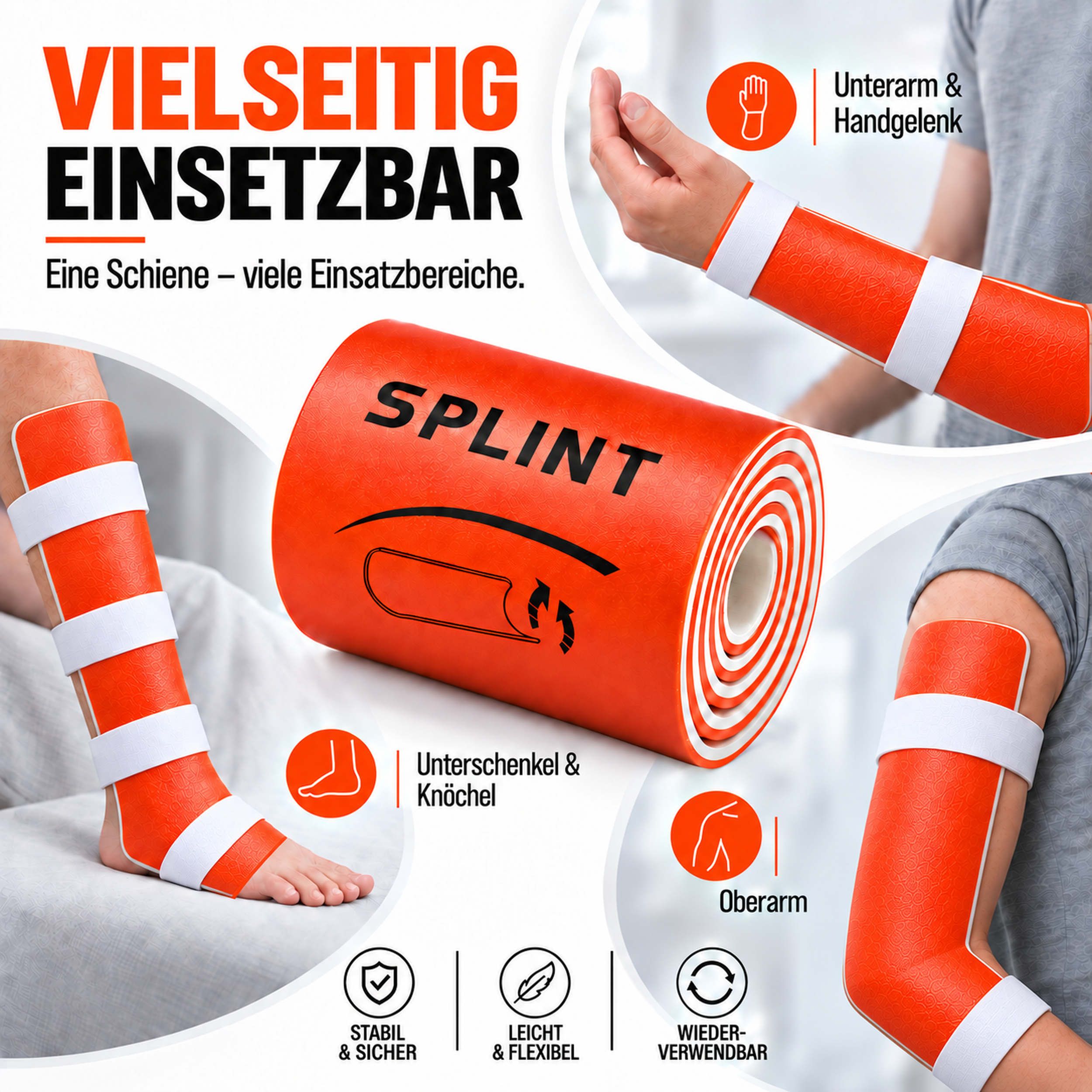 Vielseitige Anwendung der Pulox Splint Schiene an Unterarm, Handgelenk, Unterschenkel, Knöchel und Oberarm.