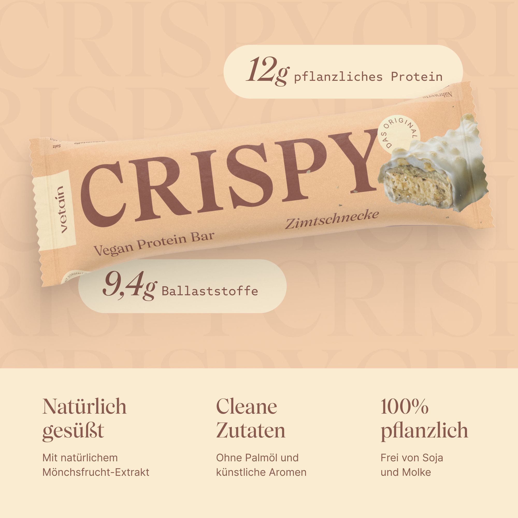 Proteinriegel mit Aufschrift "CRISPY" und "Vegan Protein Bar". 12g pflanzliches Protein, 9,4g Ballaststoffe.