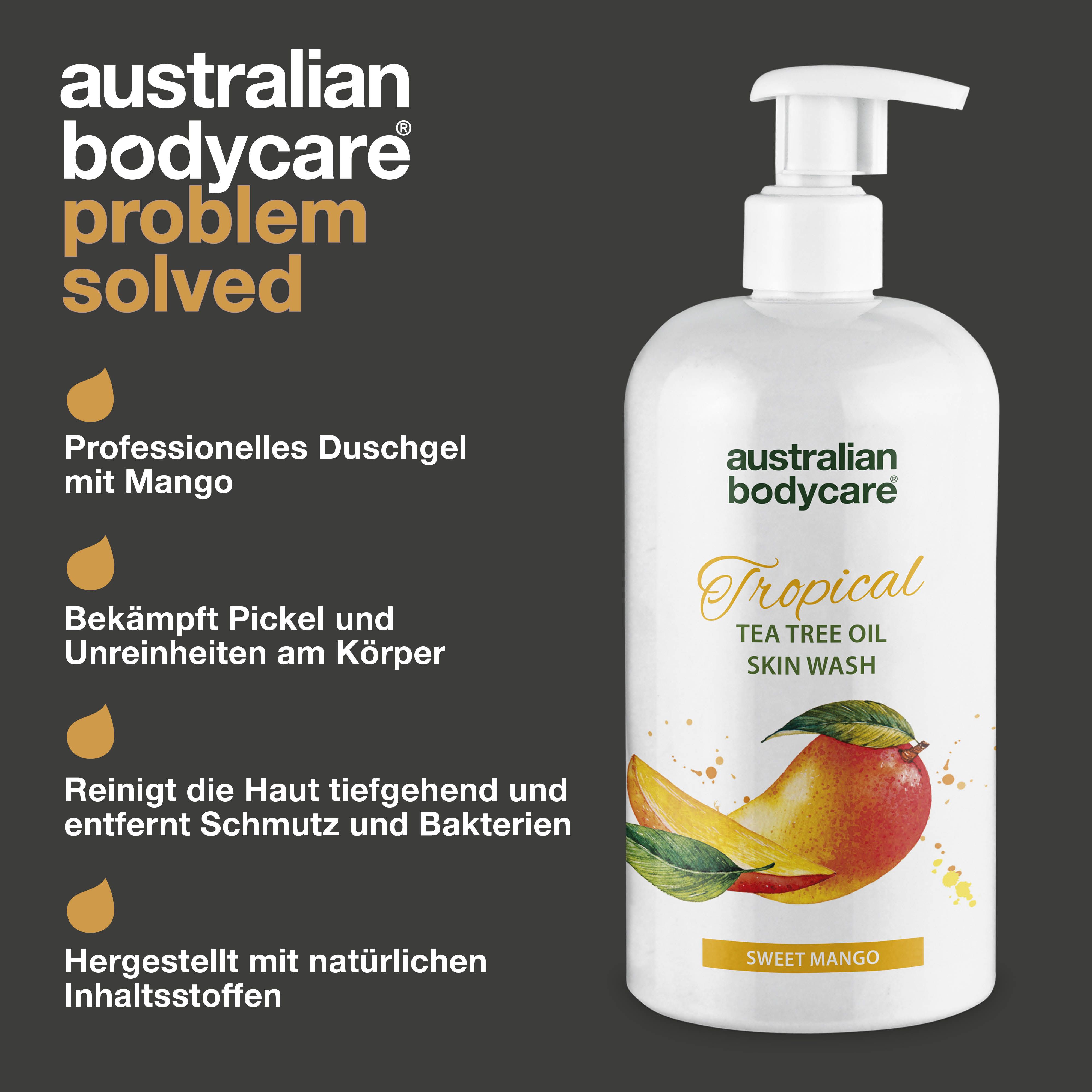 Produktflasche mit Text: Australian Bodycare, Professionelles Duschgel mit Mango. Text: Problem solved, Tropical, Sweet Mango.