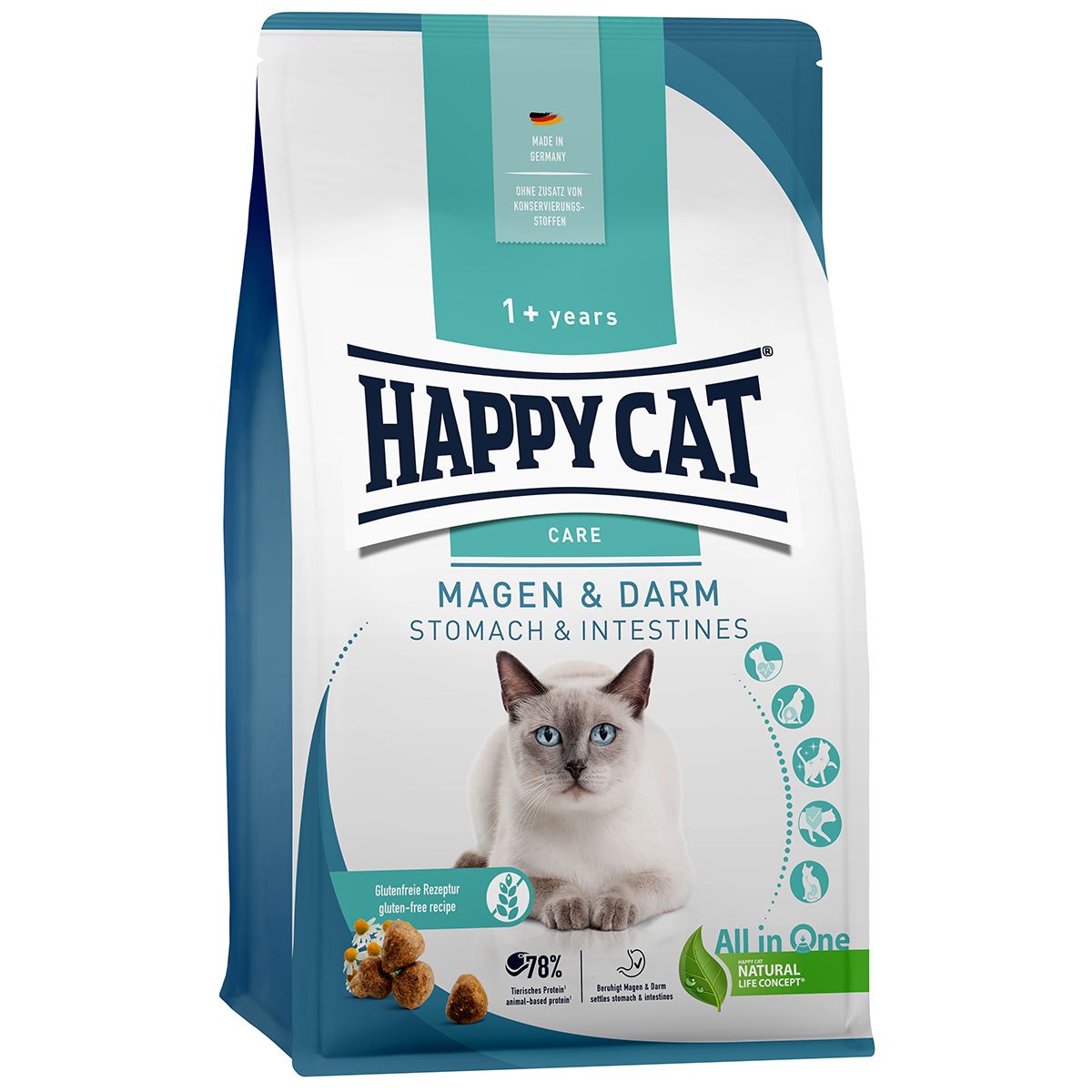 Happy Cat Magen & Darm Katzenfutter-Packung mit Katze und Produktinformationen.