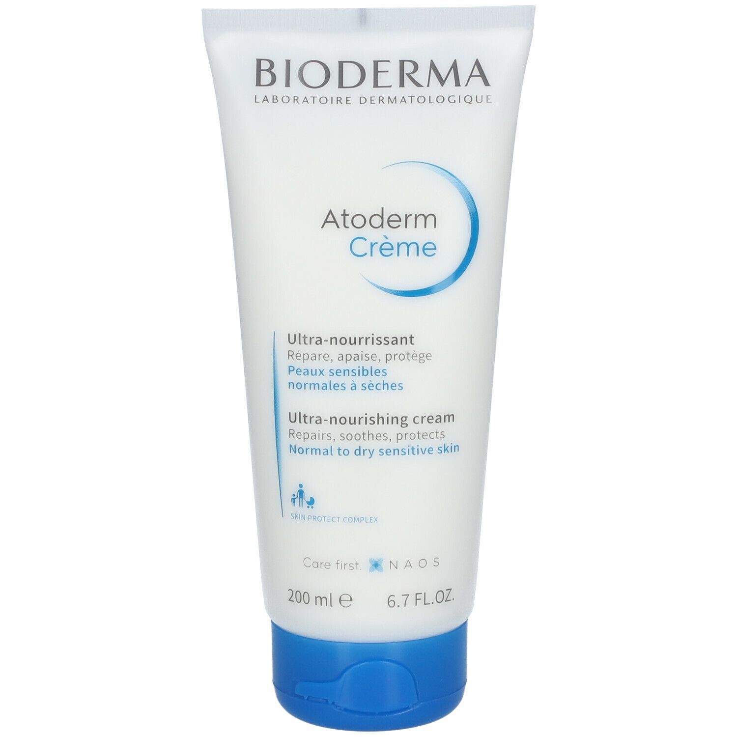 BIODERMA Atoderm Crème Tube. Weiß mit blauem Deckel. 200 ml. Text: Ultra-nährend.