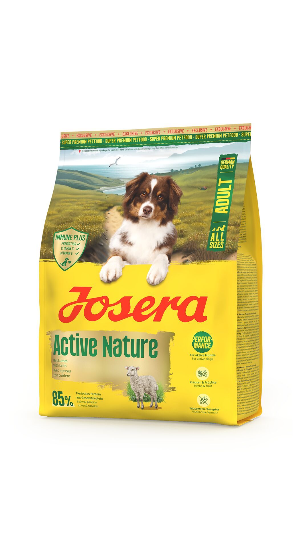 Gelbe Verpackung mit "JOSERA Active Nature" und einem Hund. Enthält Text wie "Adult" und "85%"
