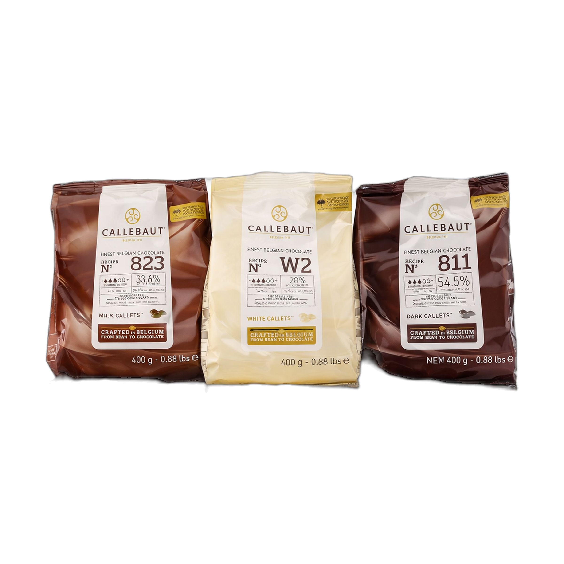Callebaut 811,823,W2 Kuvertüre Callets im Set: Zartbitter-, Milch-, und weiße Schokolade 1200 g