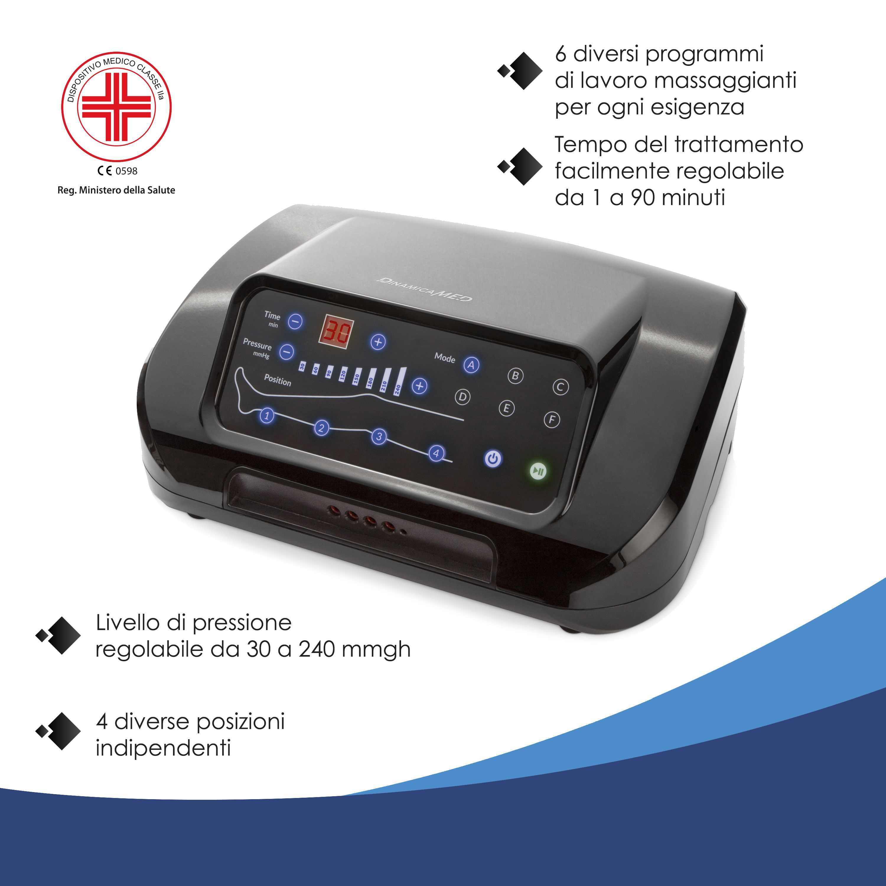 Schwarzes Massagegerät mit digitalem Display, das Programme, Druck und Zeit anzeigt. CE-zertifiziert.