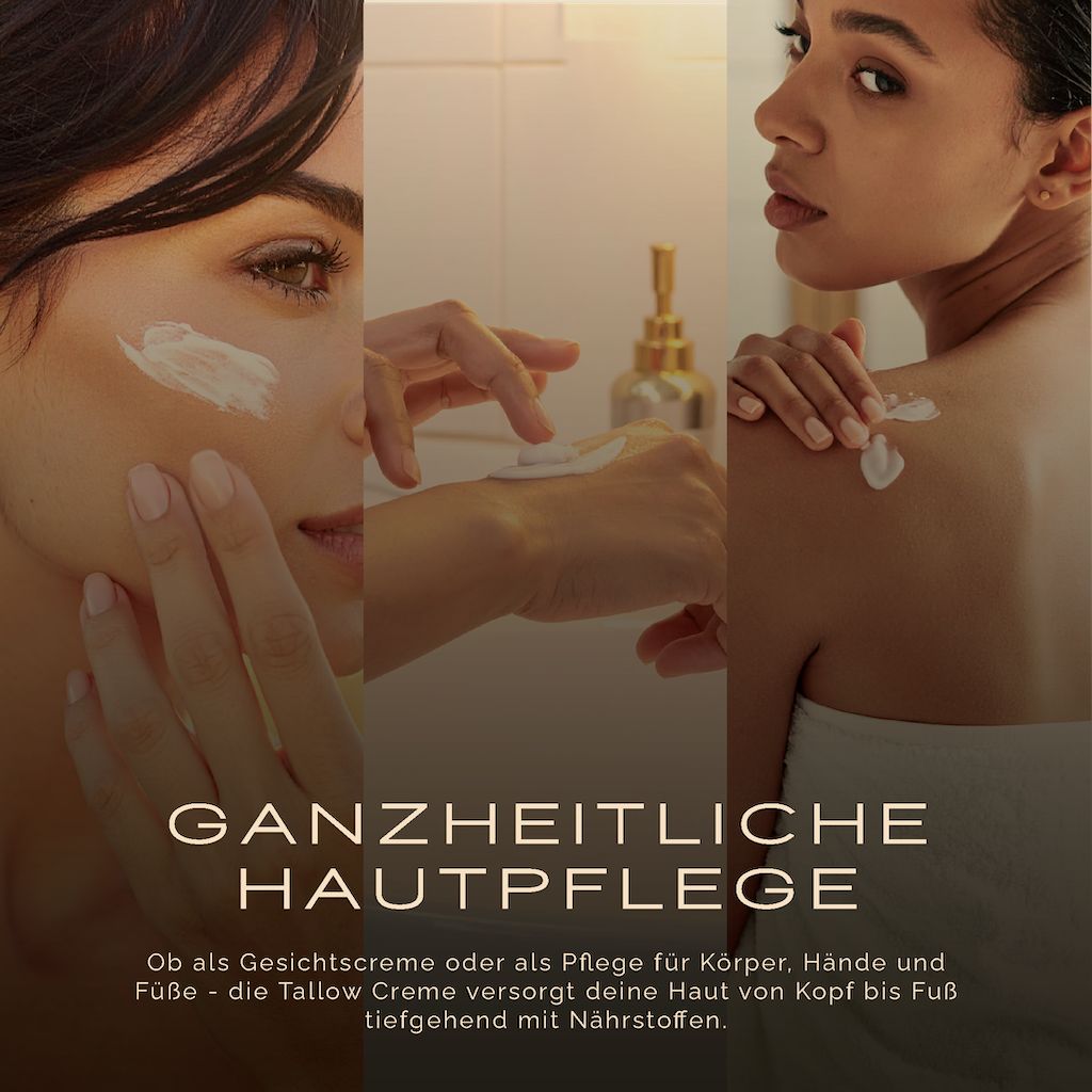 Drei Frauen tragen Creme auf Gesicht, Hand und Schulter auf.